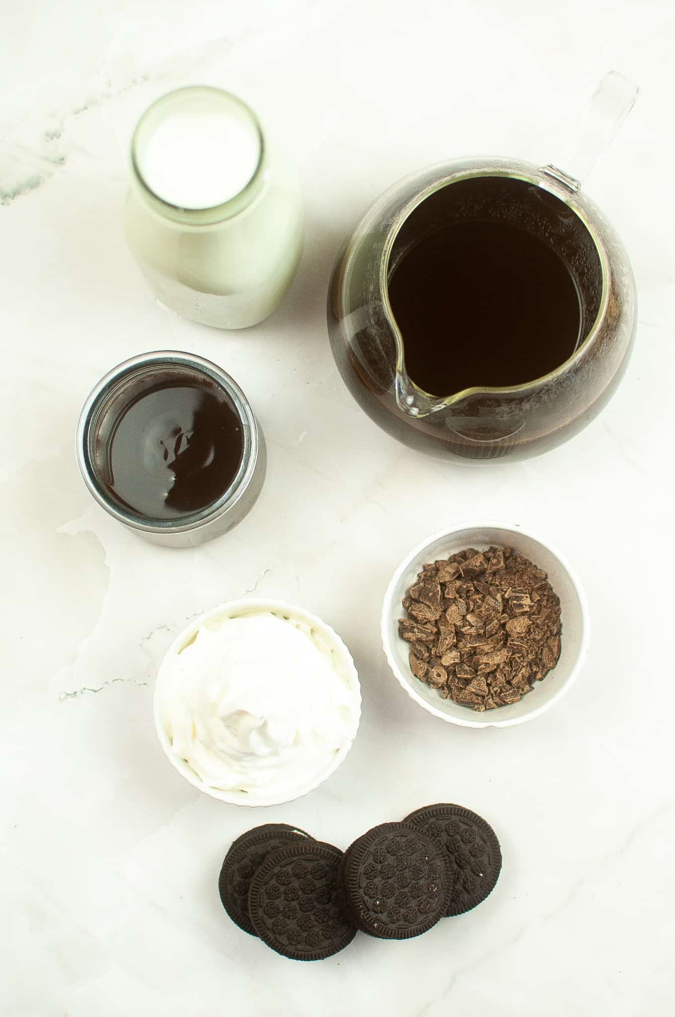 Overhead view of ingredients for Mocha frappuccino.