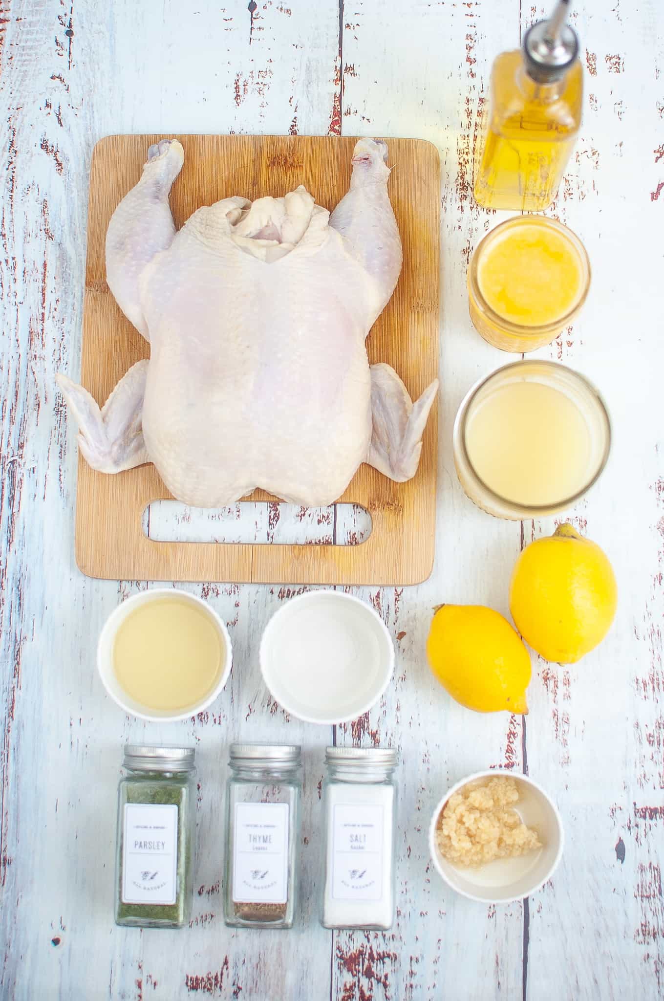 Overheadview of spatchcock chicken ingredients.