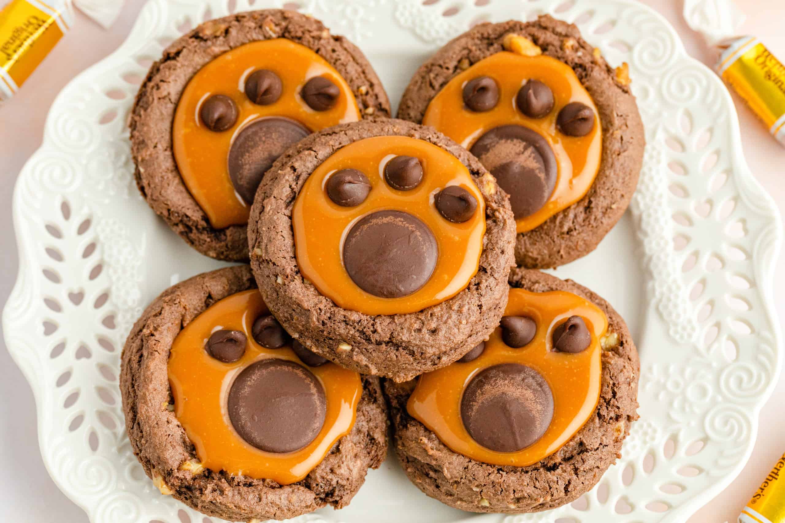 Chocolate Caramel Bear Claw Cookies.