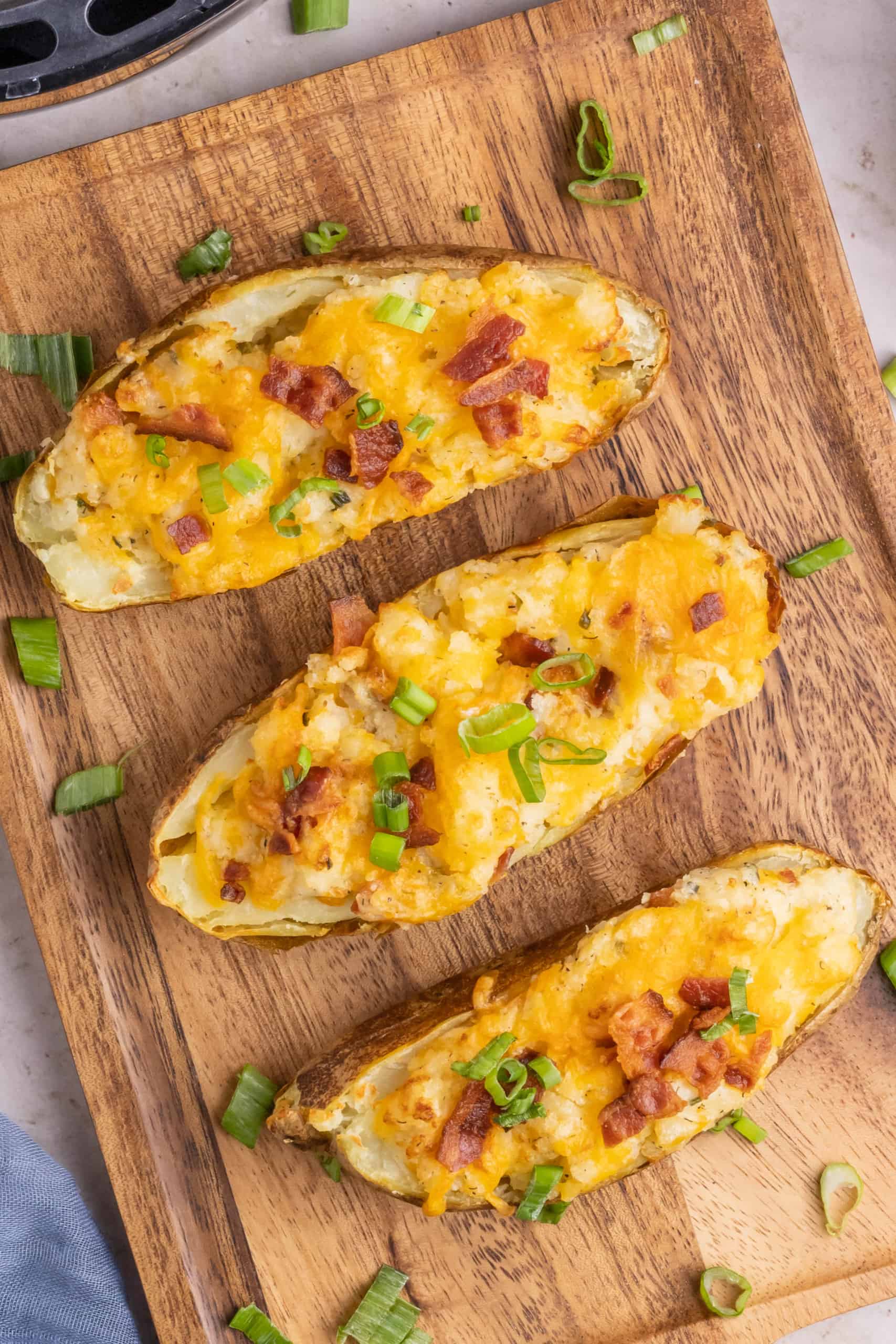 Overhead view of twice bake potatoes cooked in the air fryer.