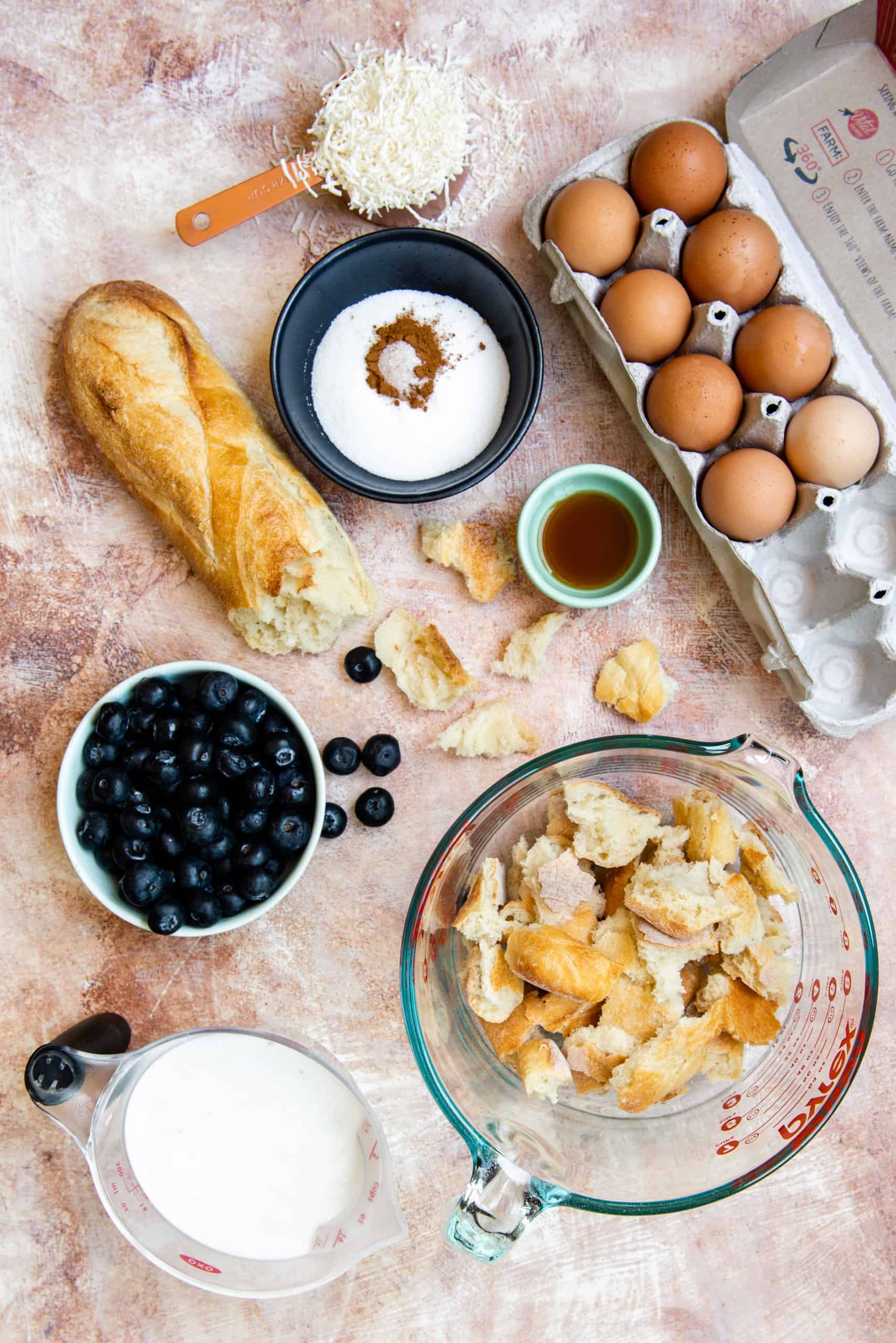 Ingredients for Blueberry Breakfast Casserole with coconut.