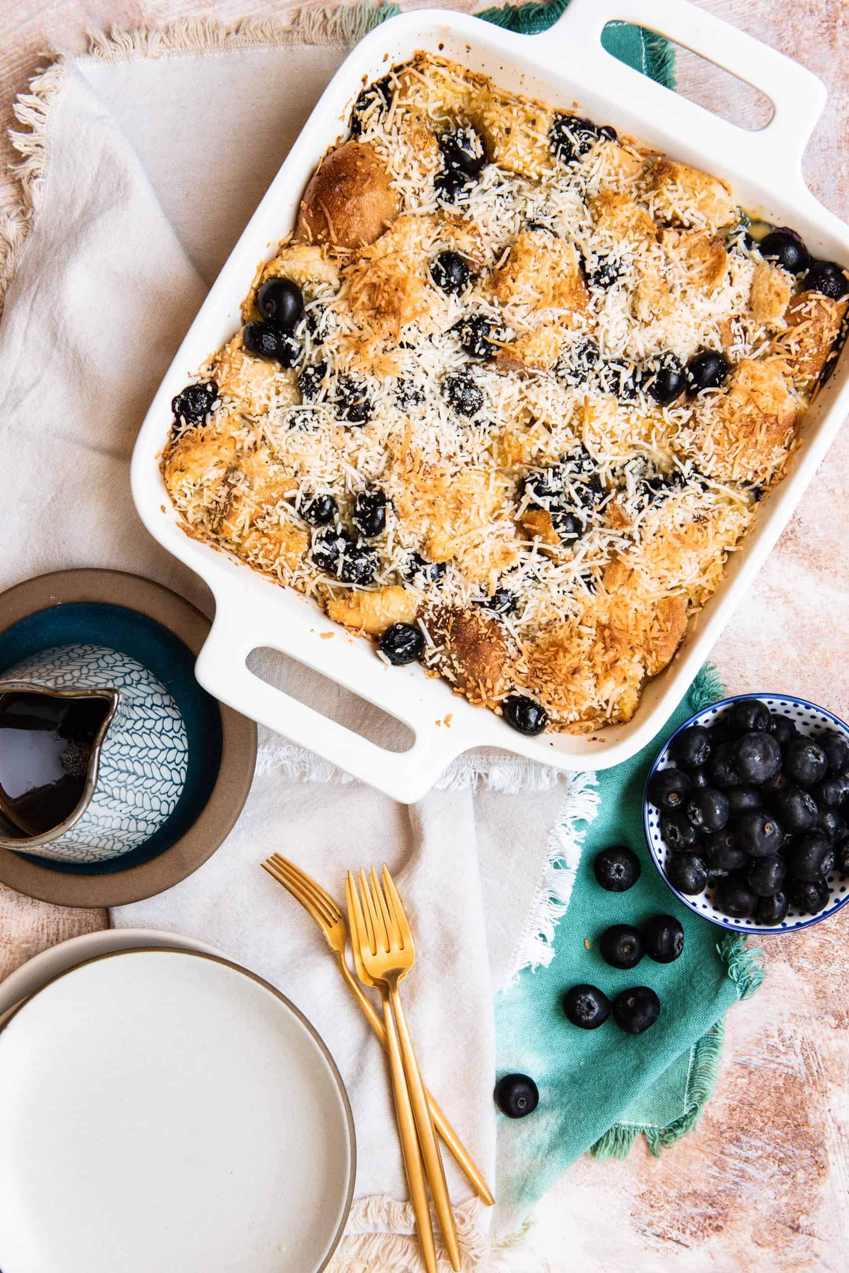 Overhead view of blueberry coconut breakfast casserole.