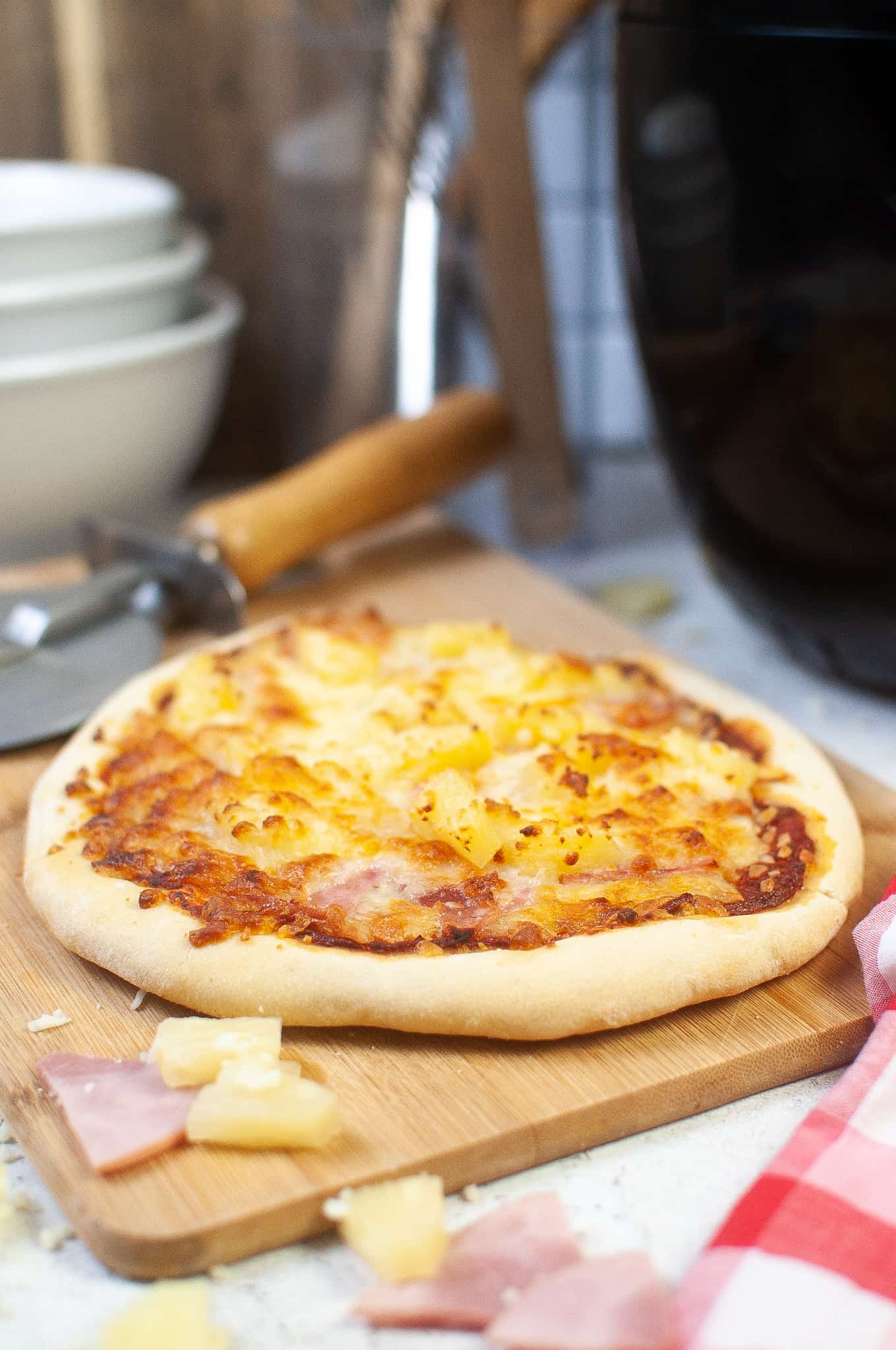 Air Fryer Pizza with ham and pineapple.