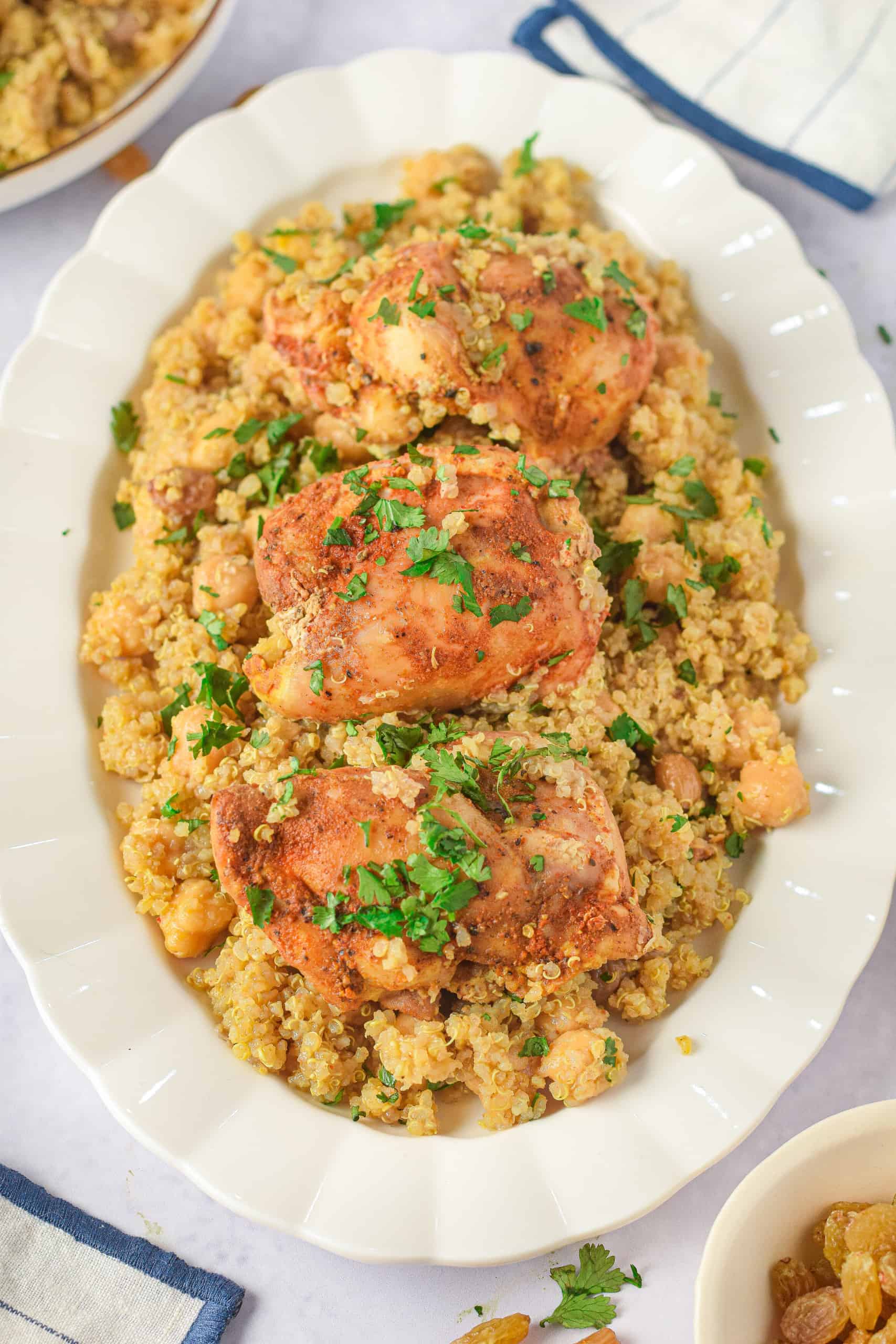 Override view of Moroccan Chicken on a white platter.