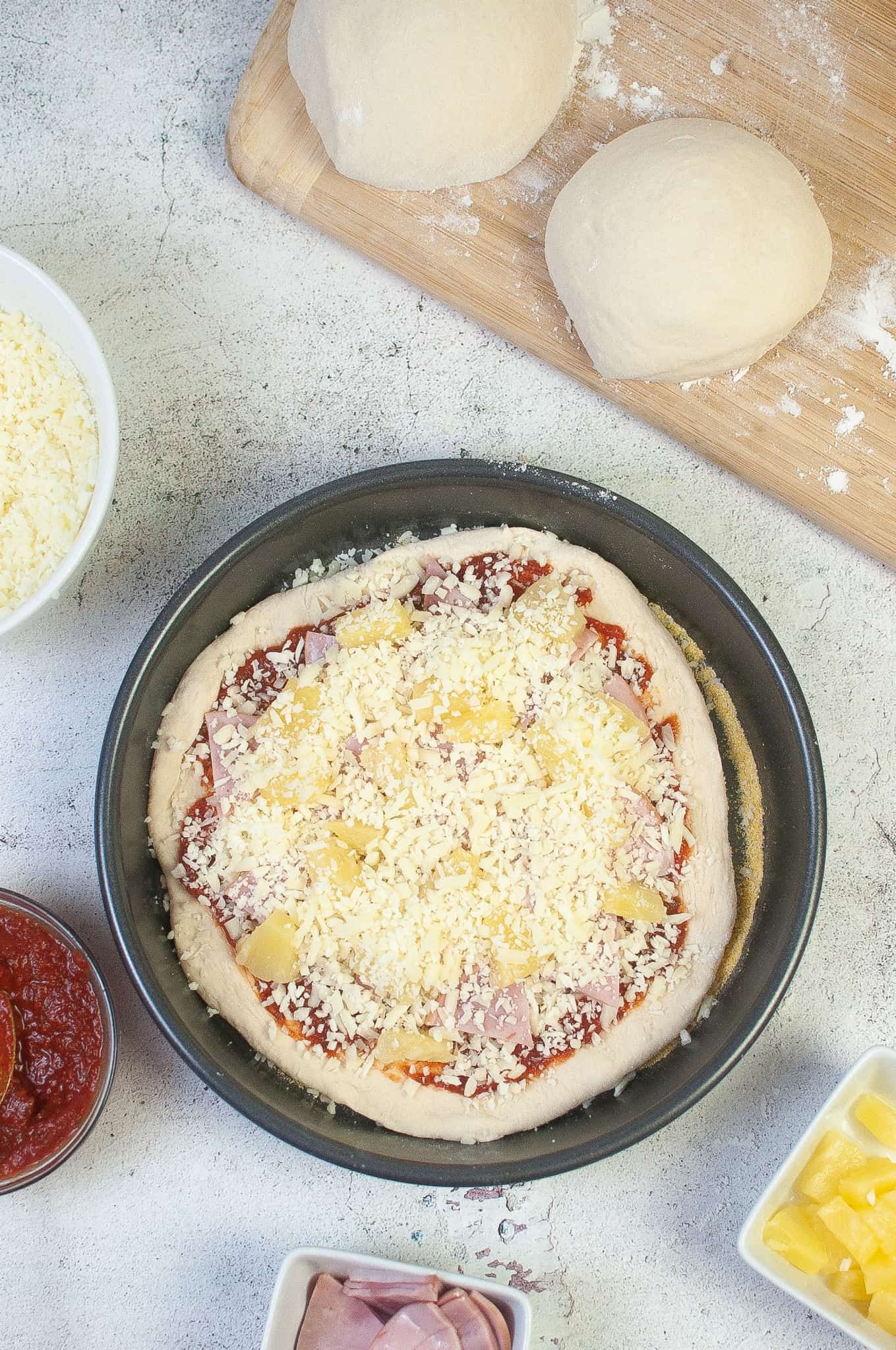 Overhead view of Air Fryer Hawaiian Pizza .