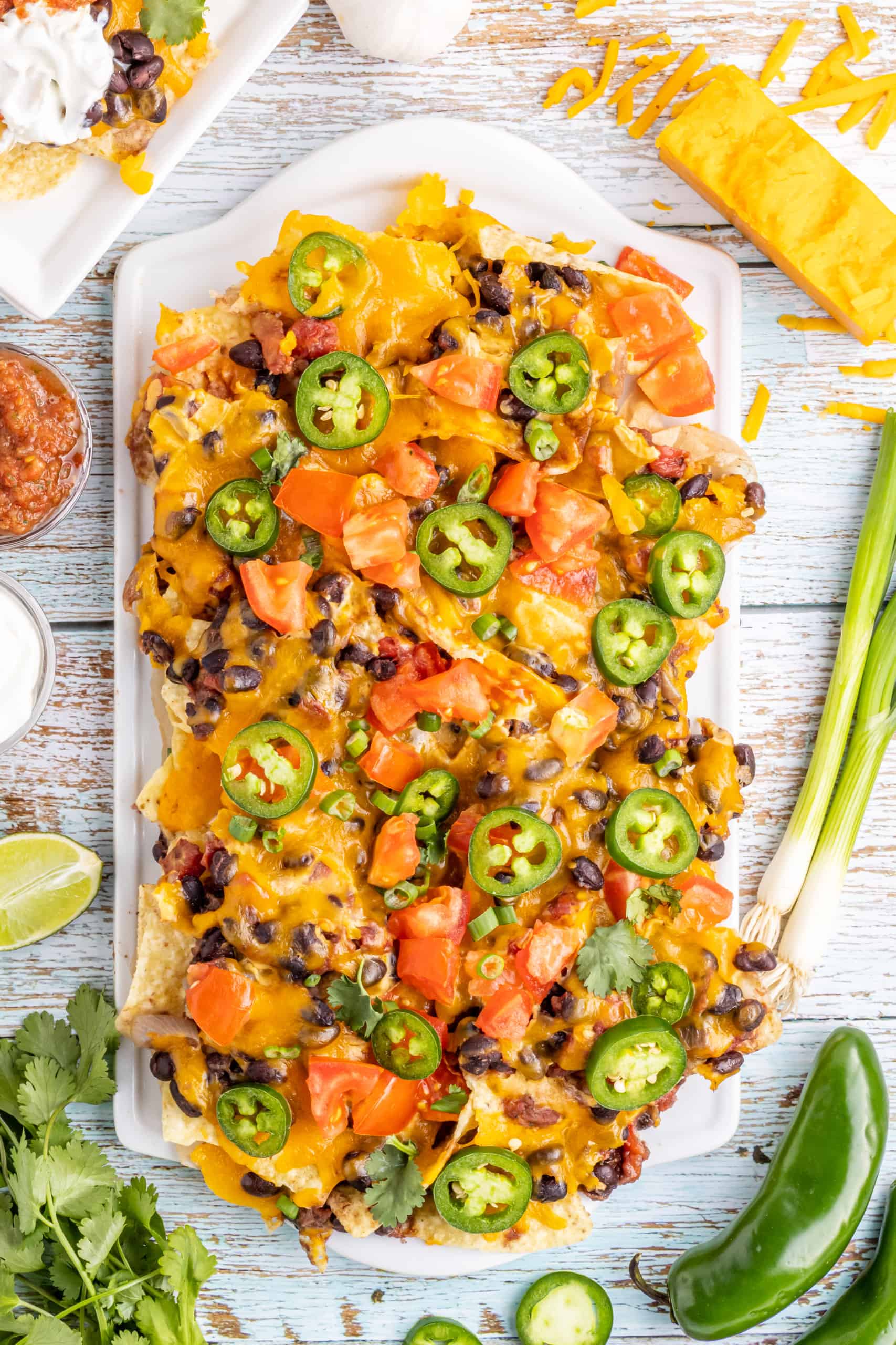 Loaded nachos with spicy black beans.