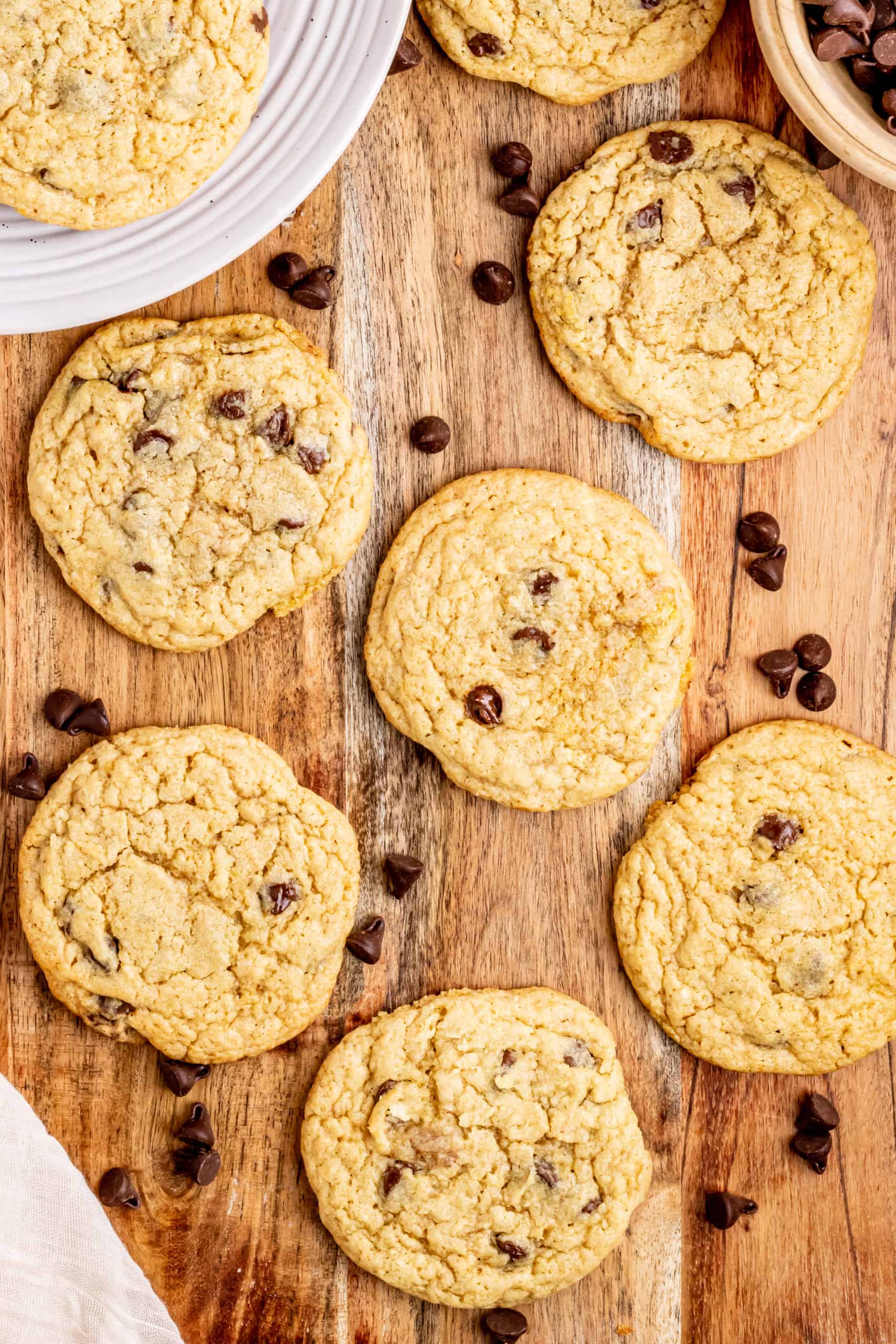 Overhead view of brown butter chocolate chip cookies.