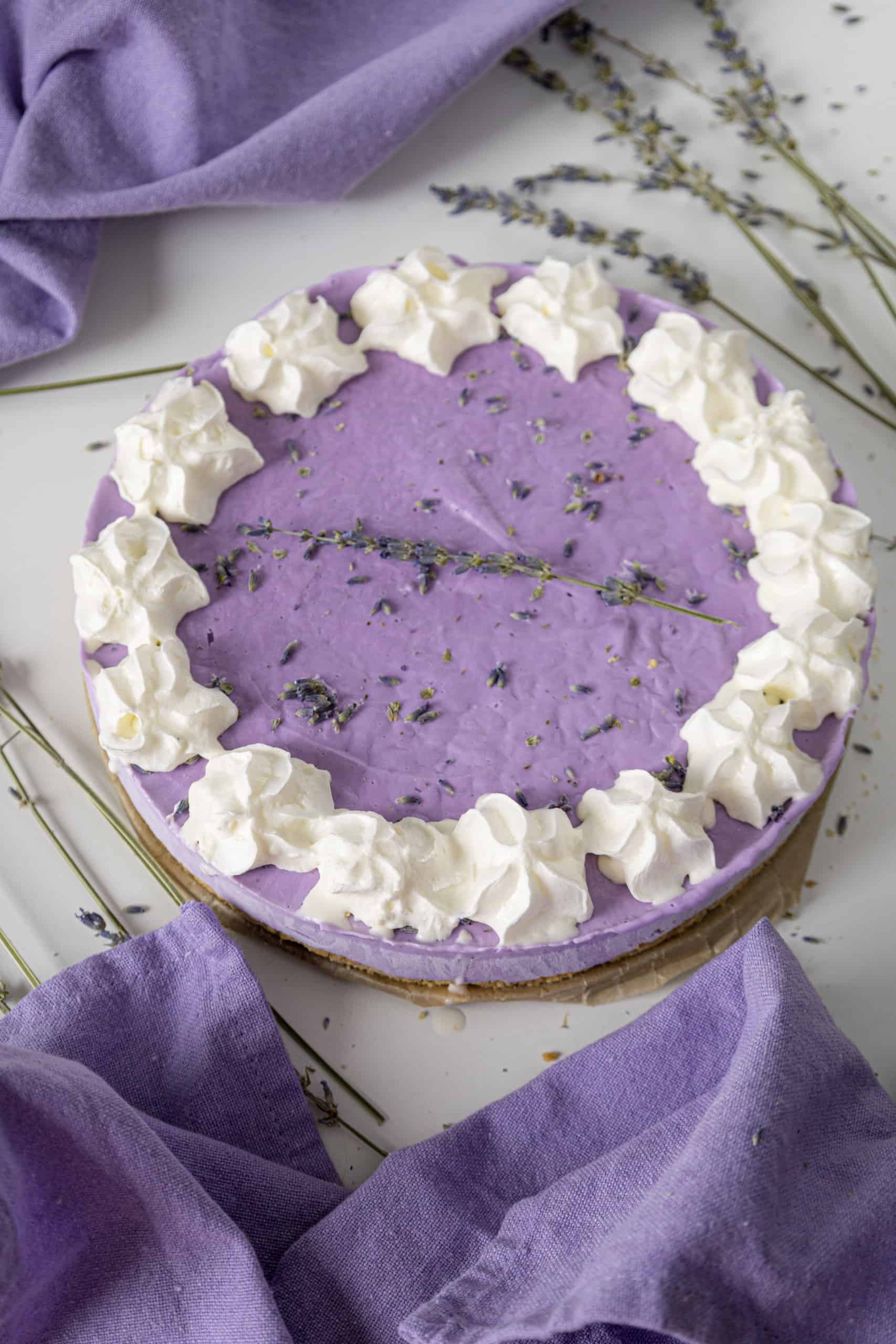 Overhead view of Lavender Cheesecake.