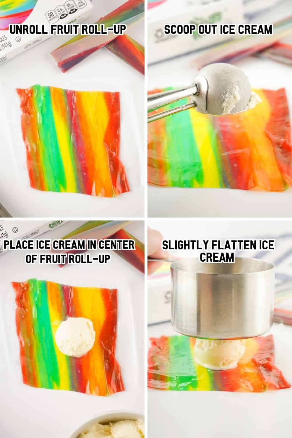 Steps for making the fruit roll-up with ice cream.