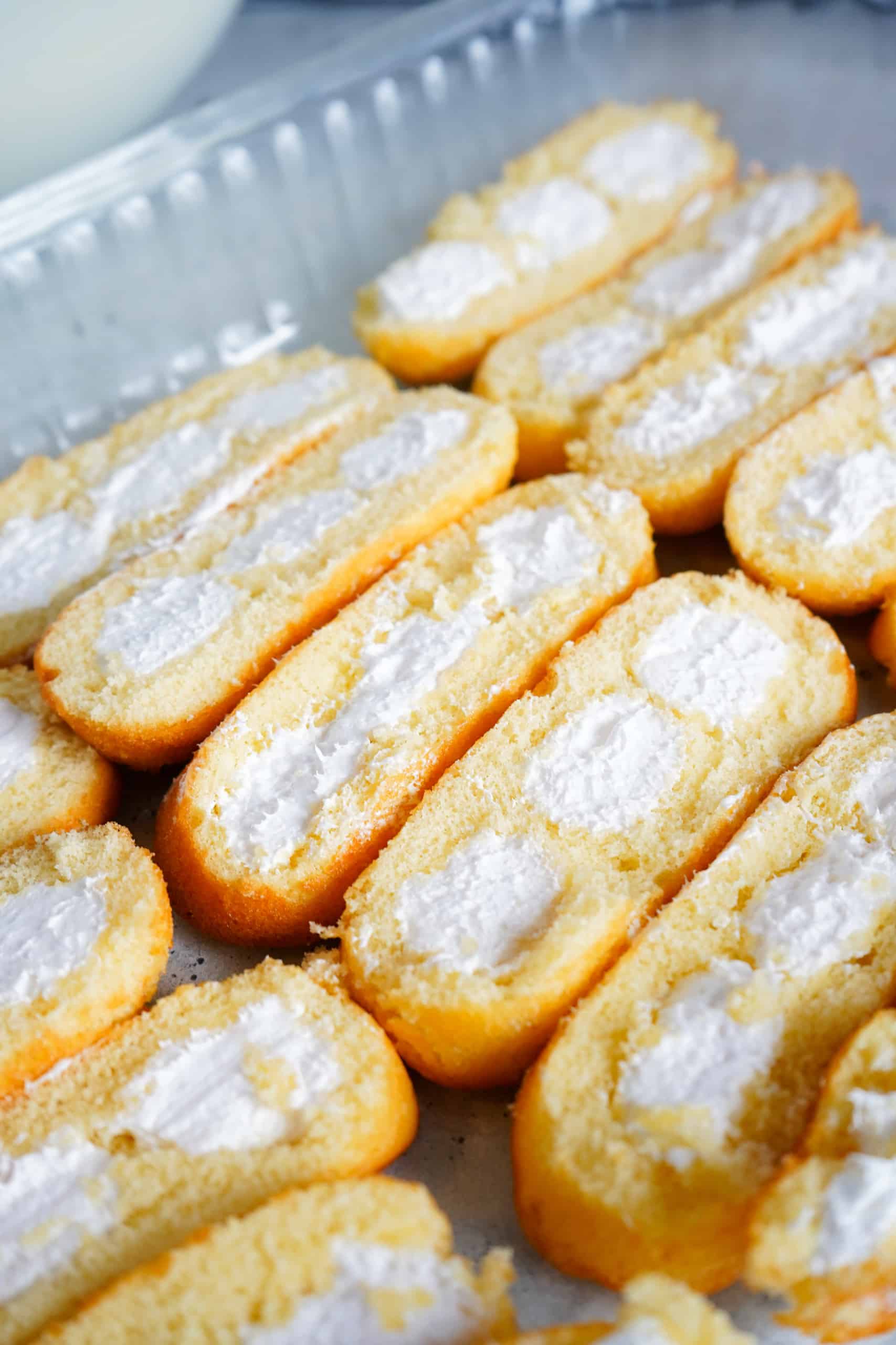 Overhead view of Twinkies in a baking dish.