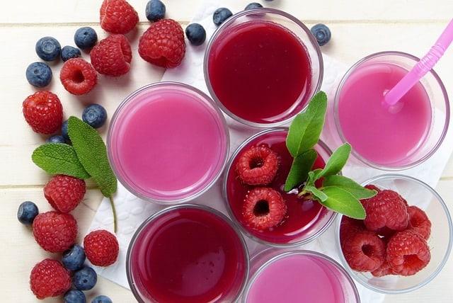 Overhead view of berry smoothies.