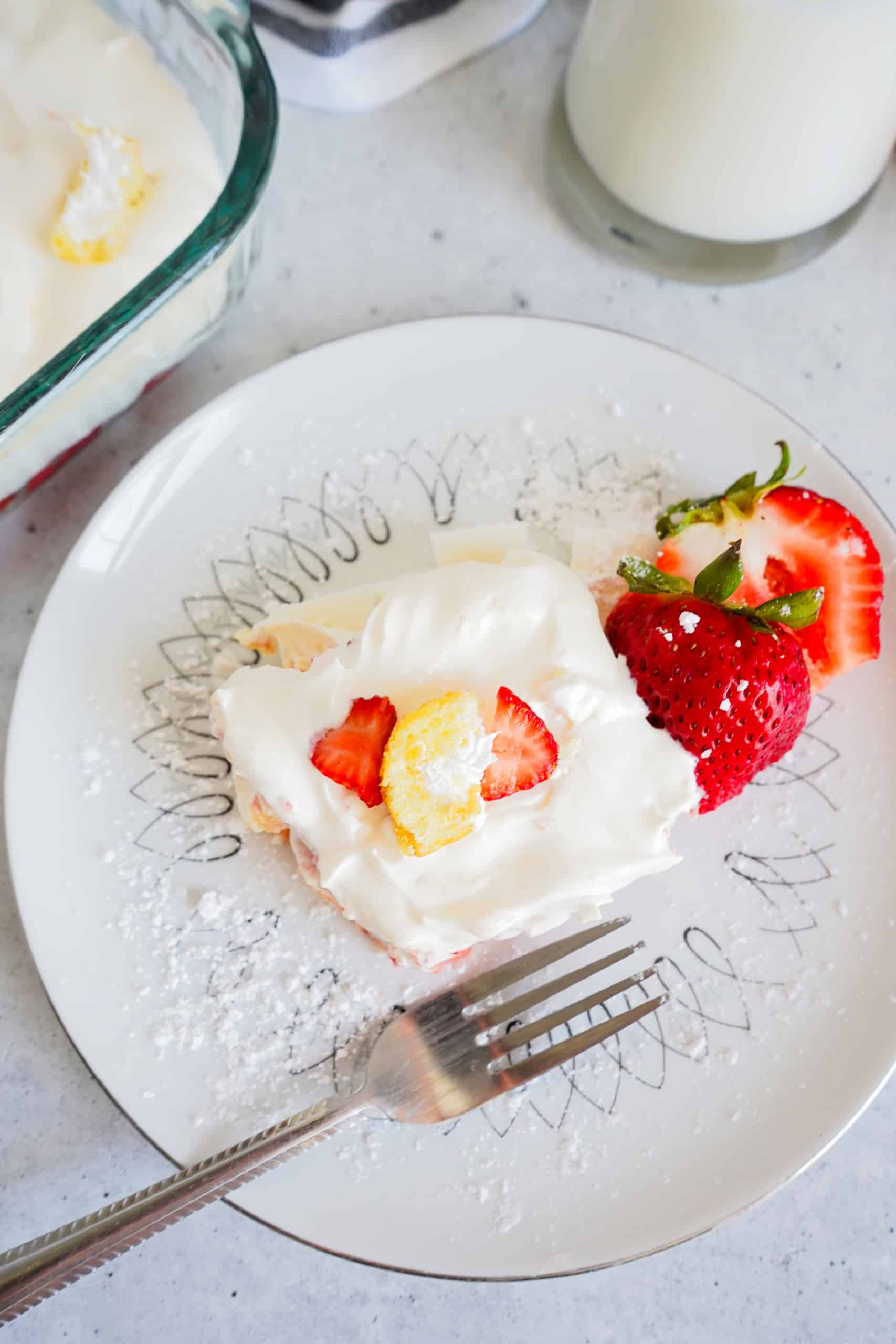Piece of No-Bake Twinkie Cake.