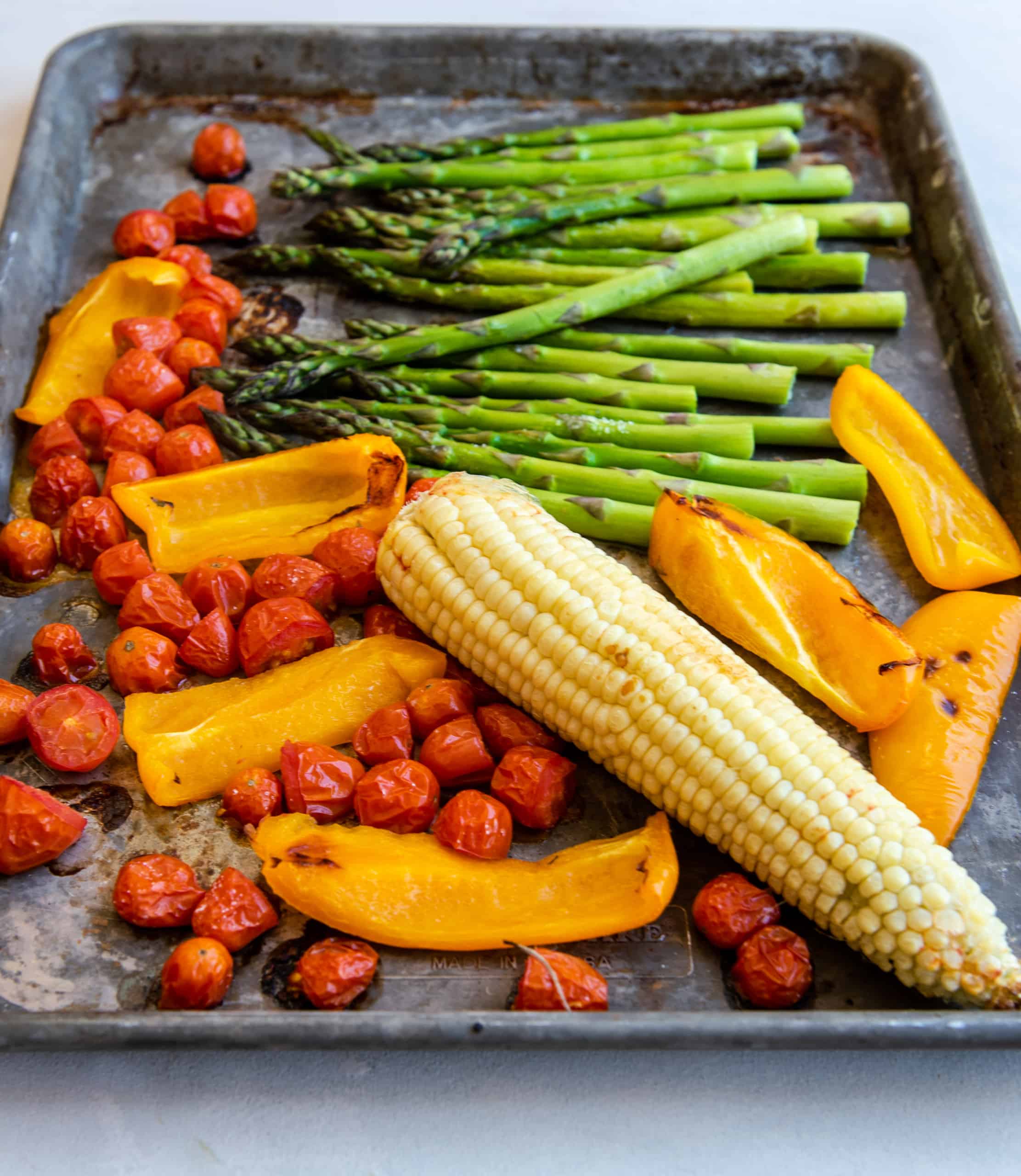 Overhead view of roasted rainbow vegetables.