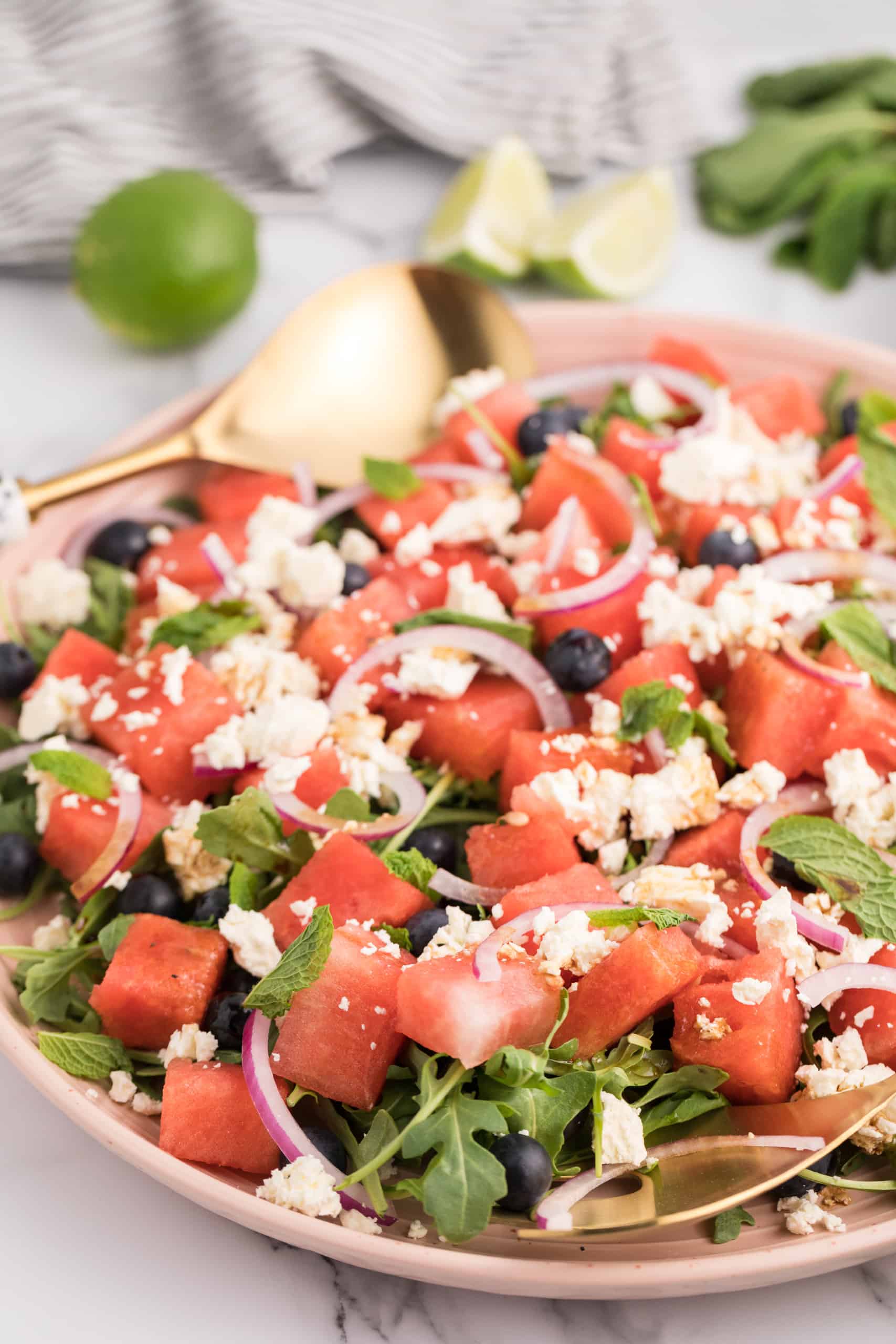 Watermelon feta salad with lime balsamic vinegar dressing.