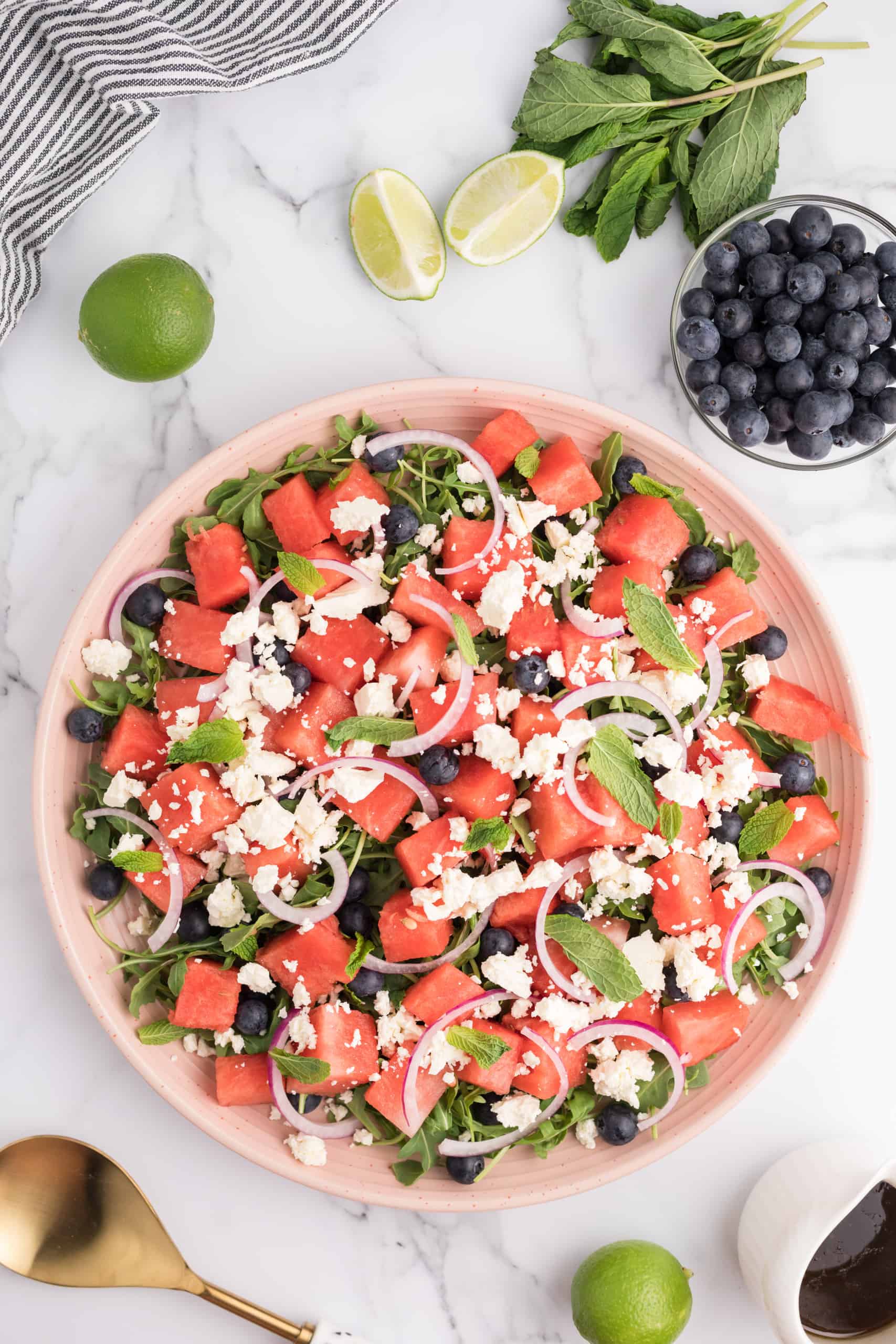 Overhead view of Watermelon Salad with Balsamic and Blueberries.