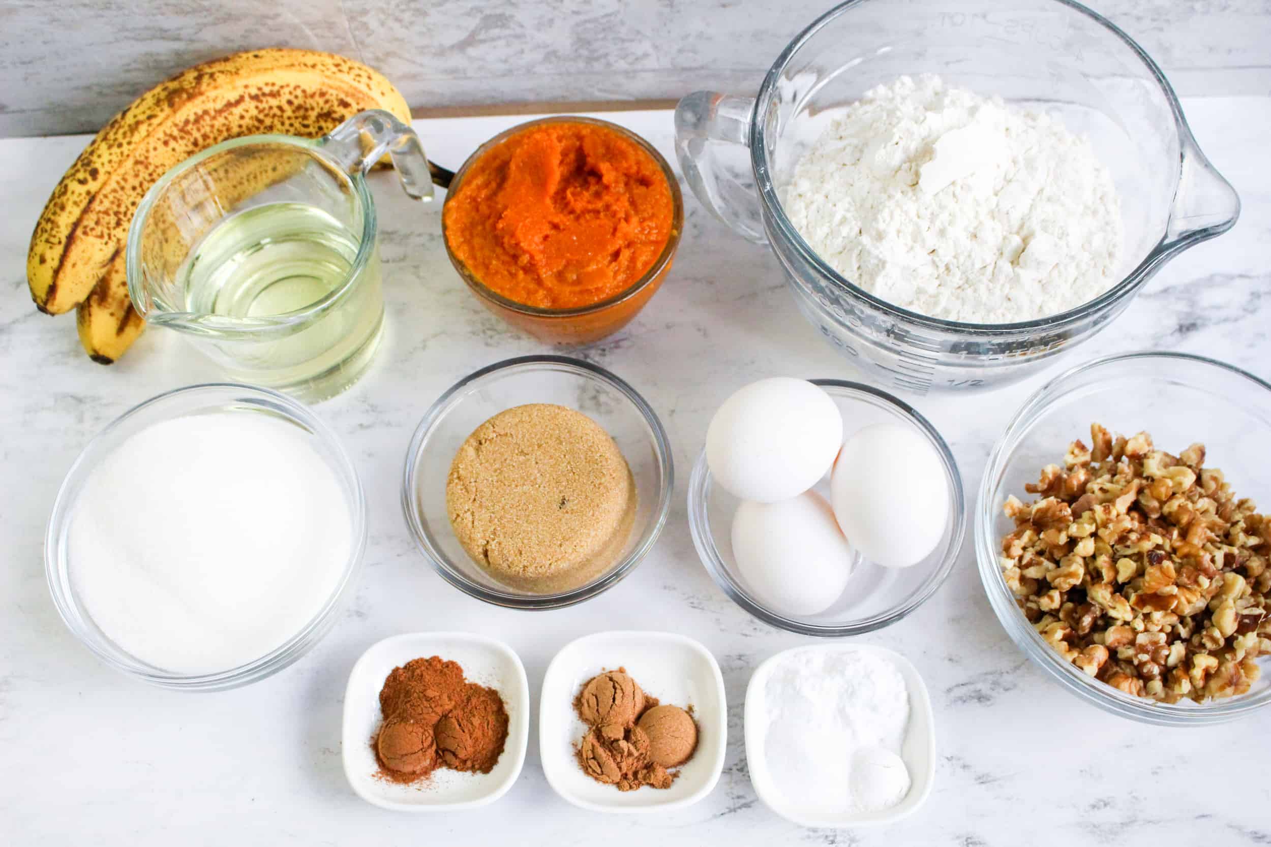 Pumpkin Banana Bread Ingredients, overhead view.