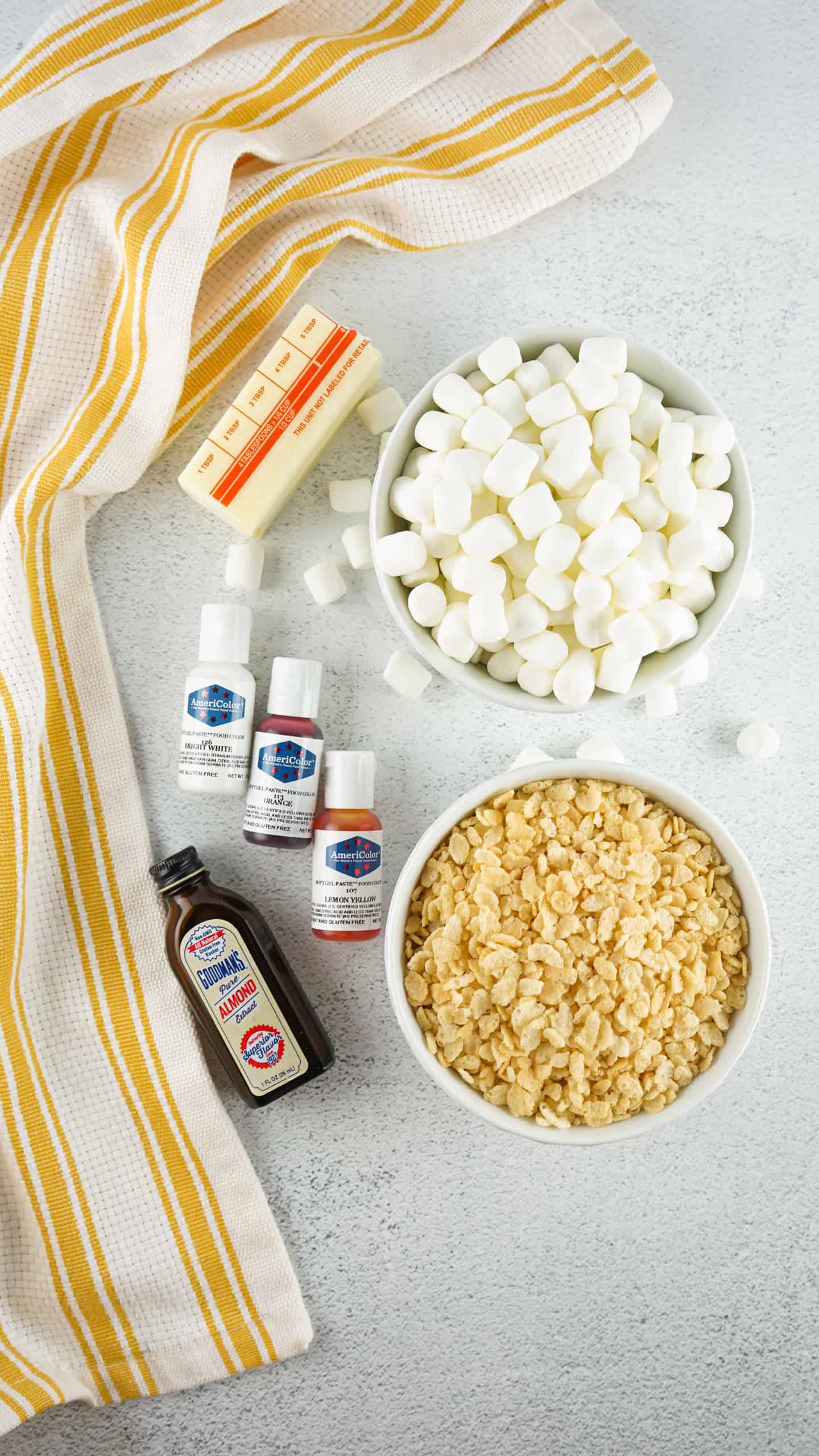 Overhead photo of Candy Corn Treats ingredients.