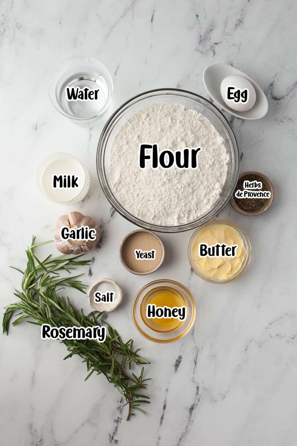 Ingredients for garlic rosemary rolls.