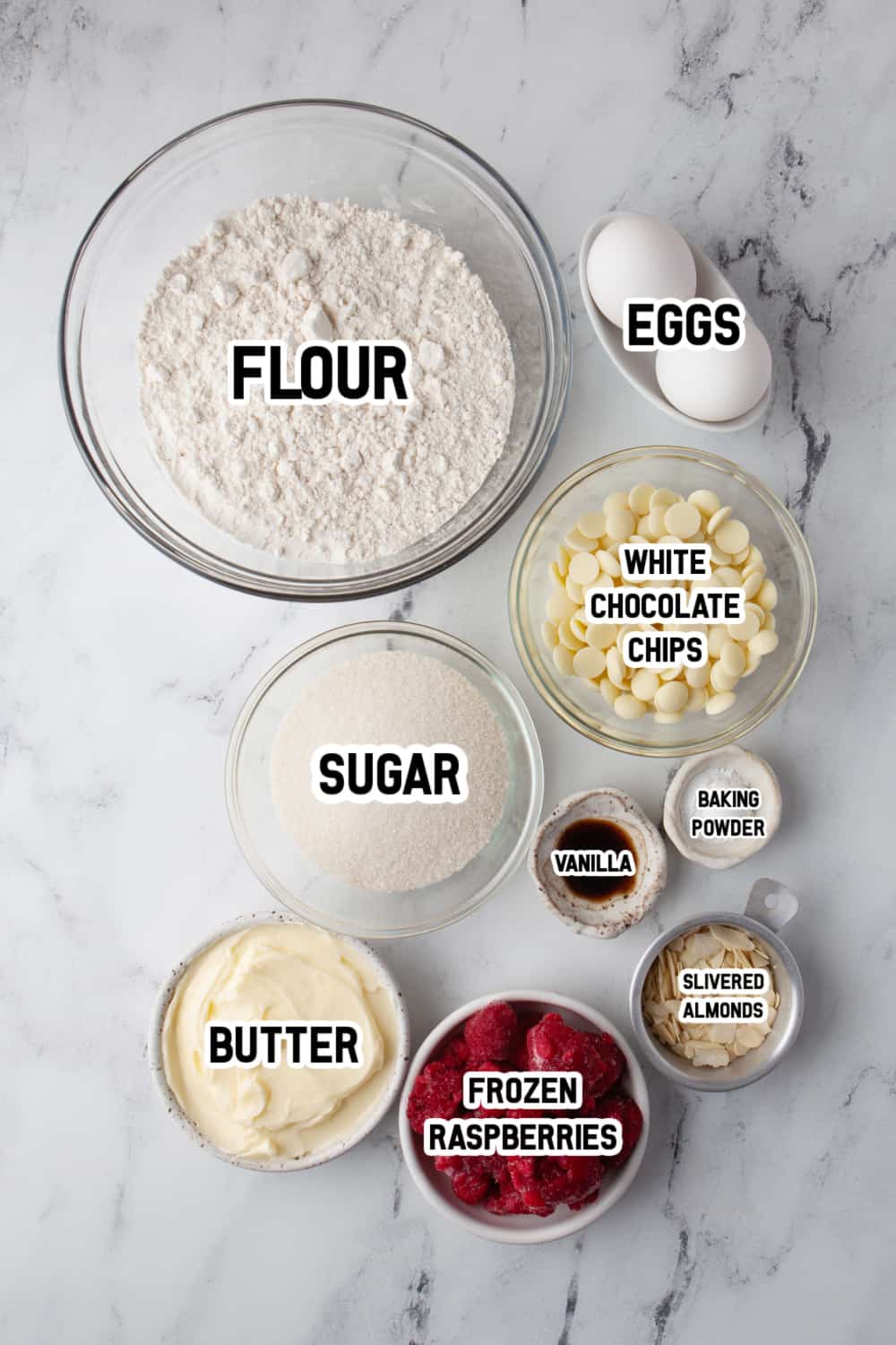 Overhead view of raspberry blondies ingredients.