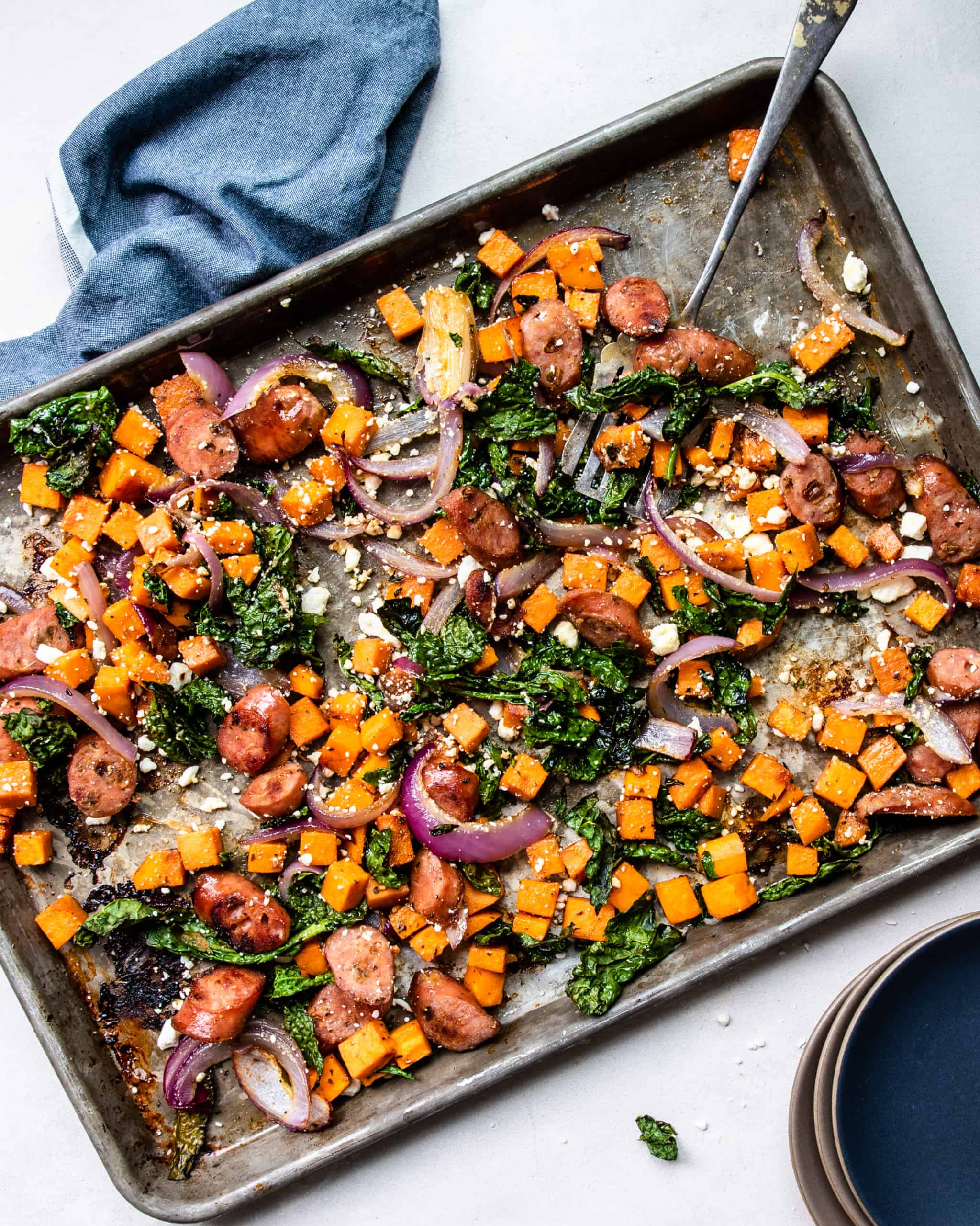 Overhead view of sweet potato sausage hash.
