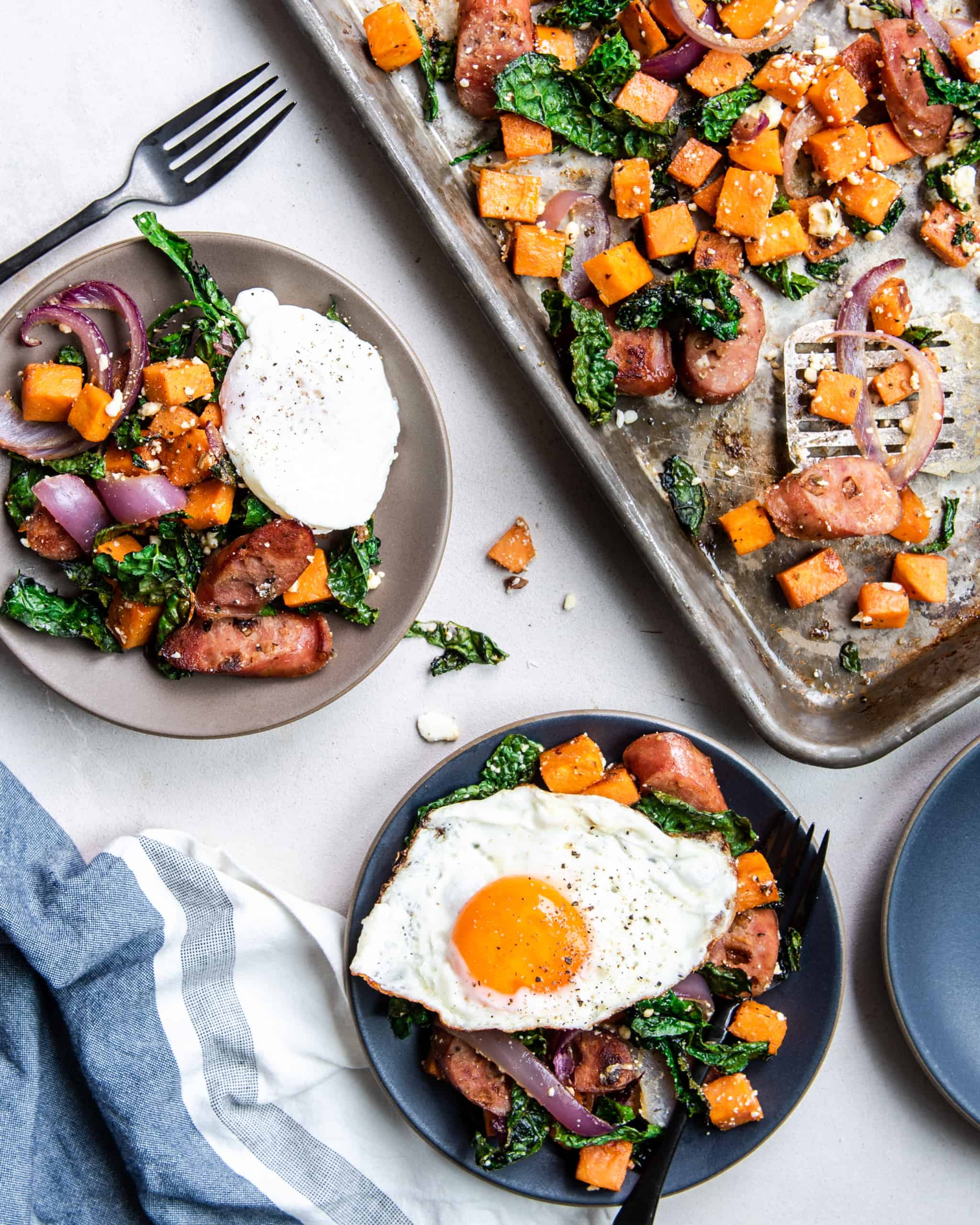 Sausage sweet potato sheet pan hash.