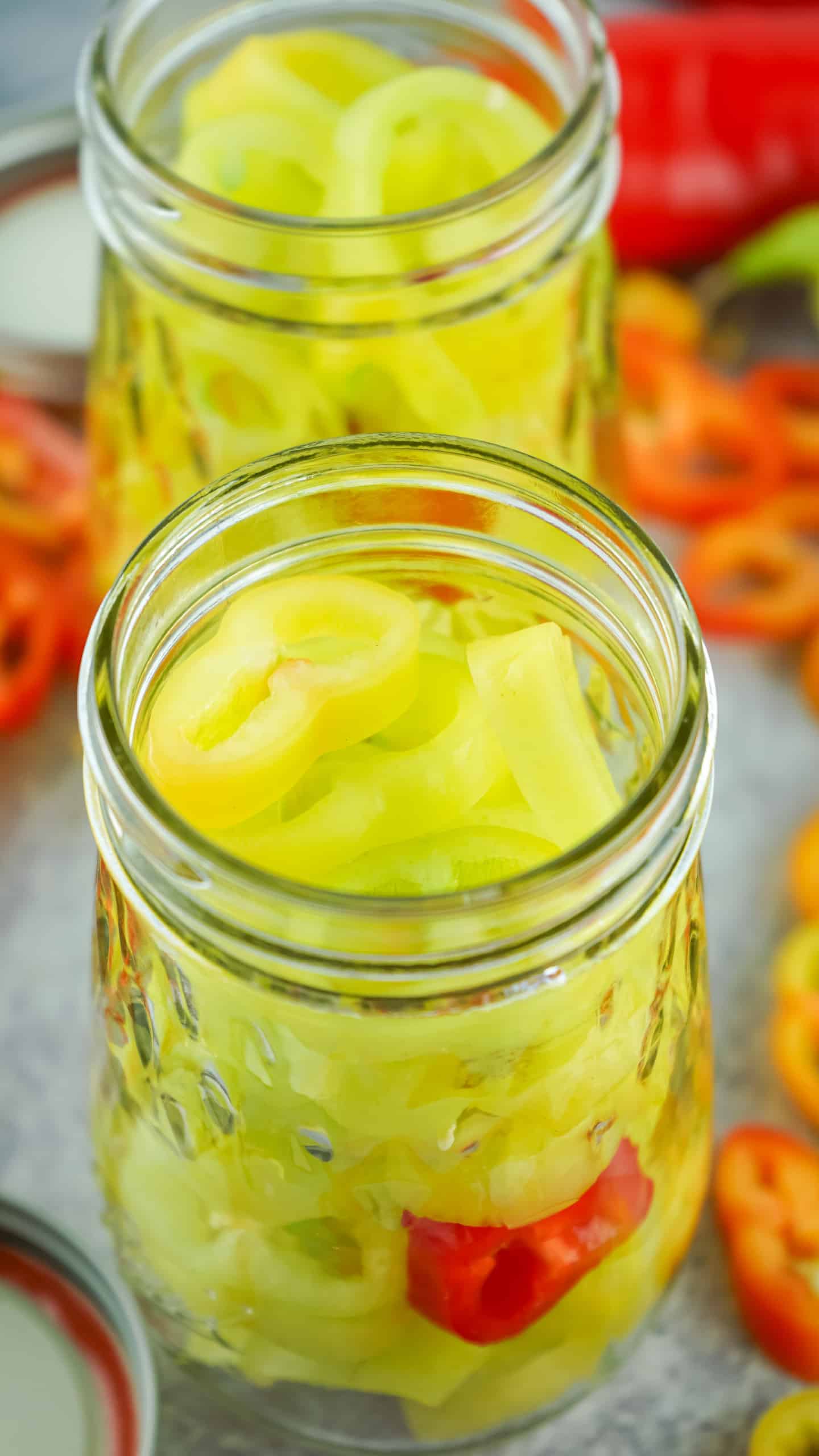 Overhead view of pickled banana peppers.