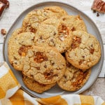 Overhead view of cookies on a plate.