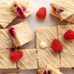 Overhead view of white chocolate blondie squares.