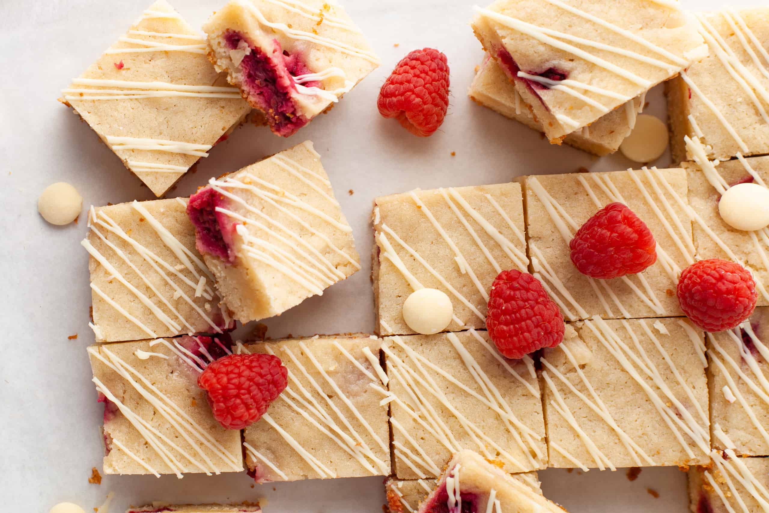 Overhead view of white chocolate blondie squares.