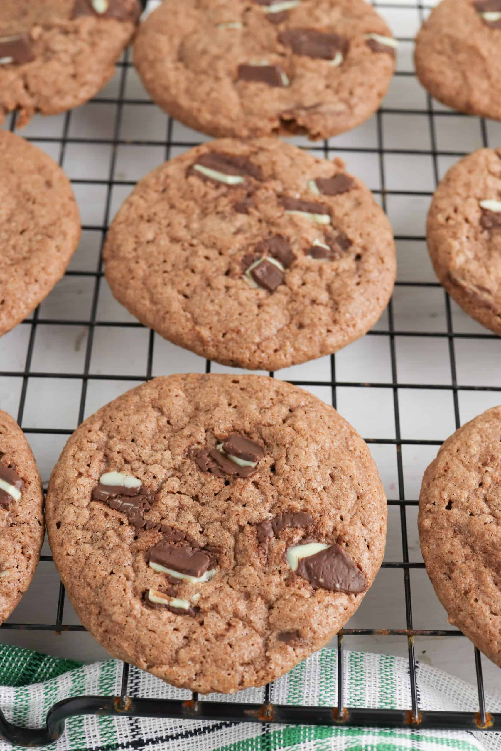 Overhead view of Andes Mint cookies on a cooling rack.