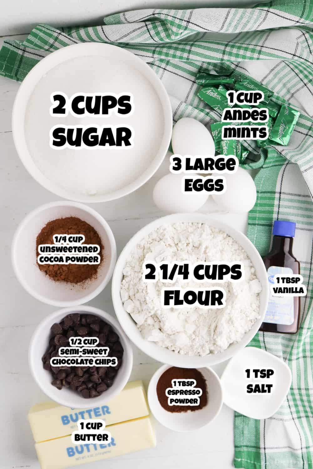 Overhead view of Andes Mint Cookies ingredients.