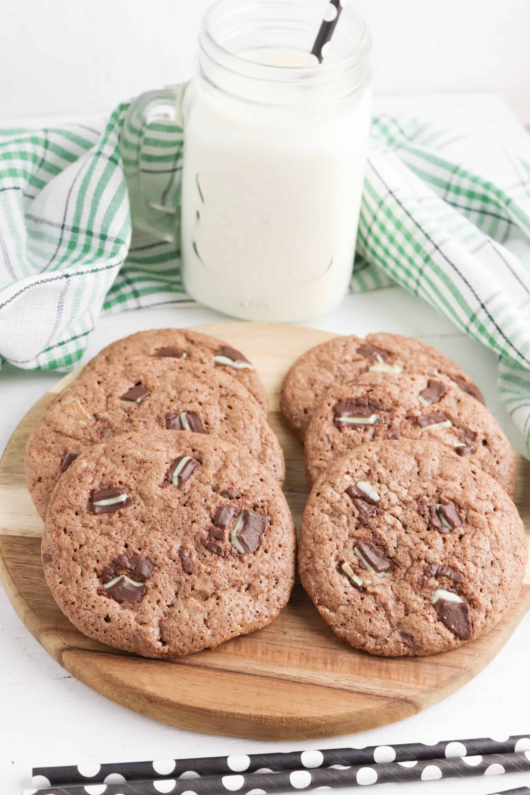 Andes chocolate mint cookies with a Mason jag glass full of milk.
