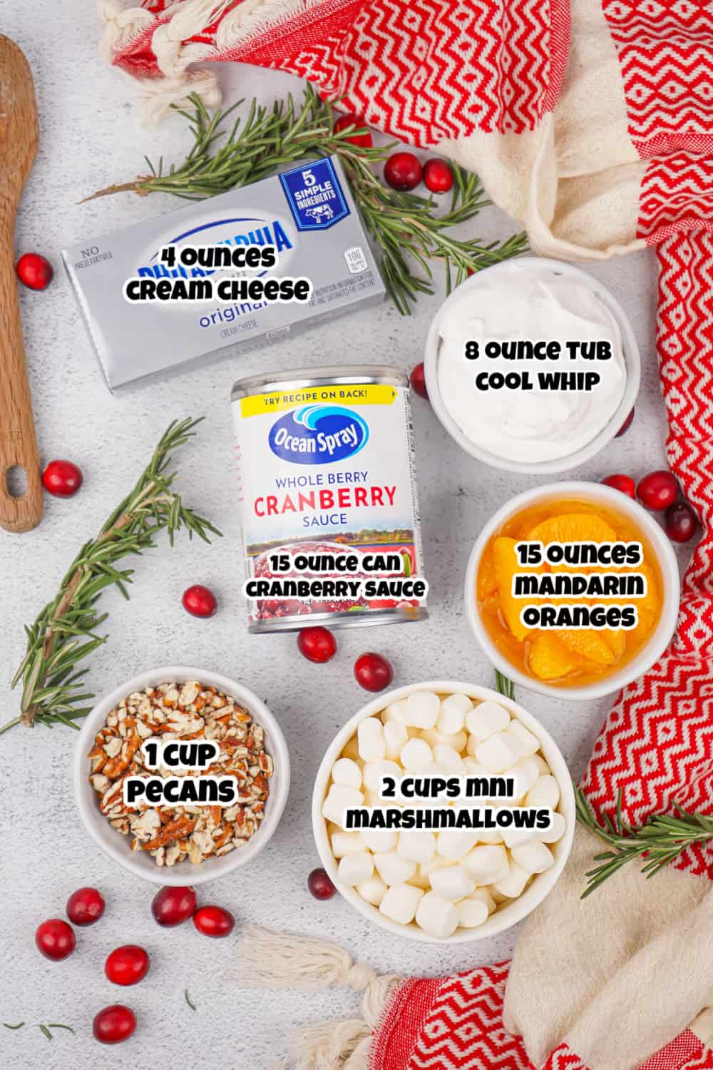 Overhead view of cranberry fluff salad ingredients.