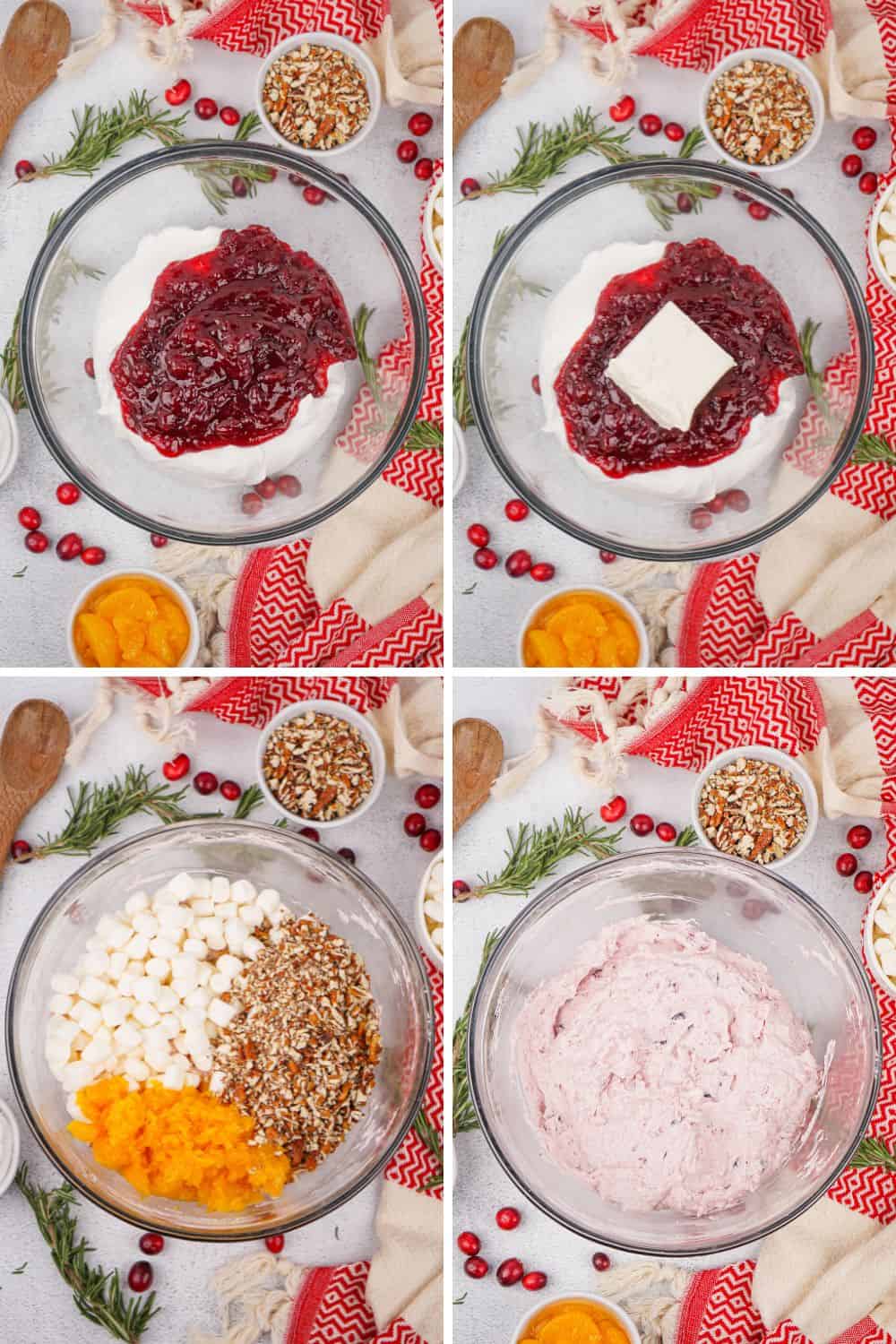 Overhead view of the steps to making fluff salad with cranberries.