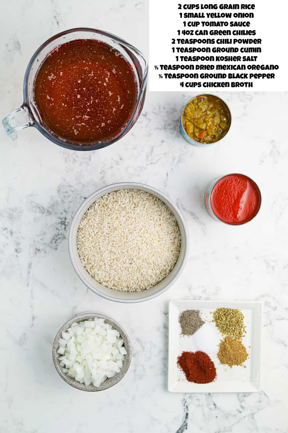Overhead view of ingredients for Crockpot Spanish Rice.