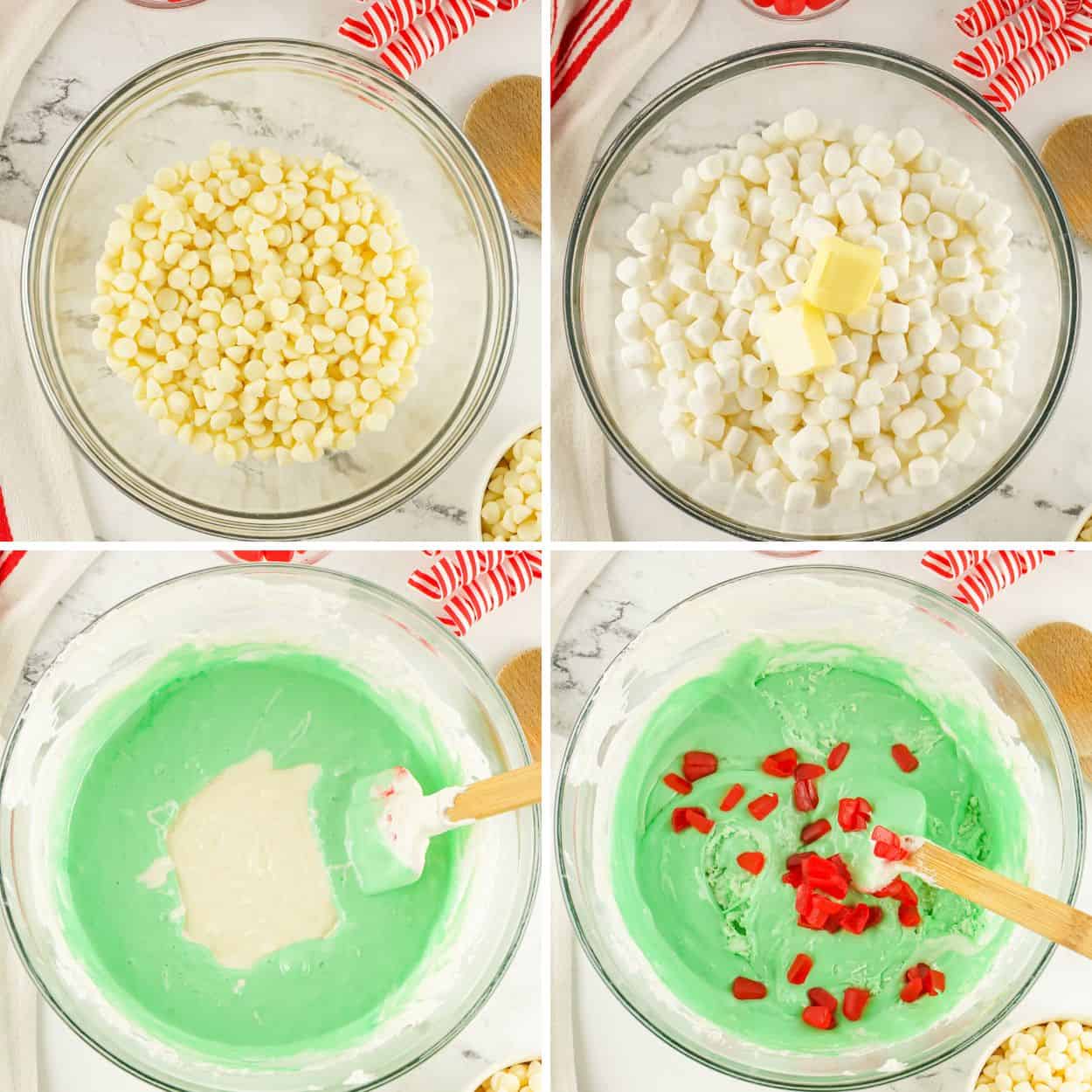 Overhead view of steps to make Red and Green Grinch Fudge.