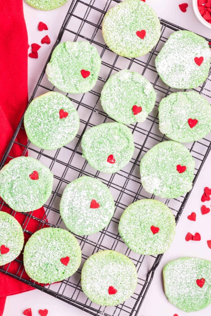 Overhead view of Grinch Cookies on a cooling rack.