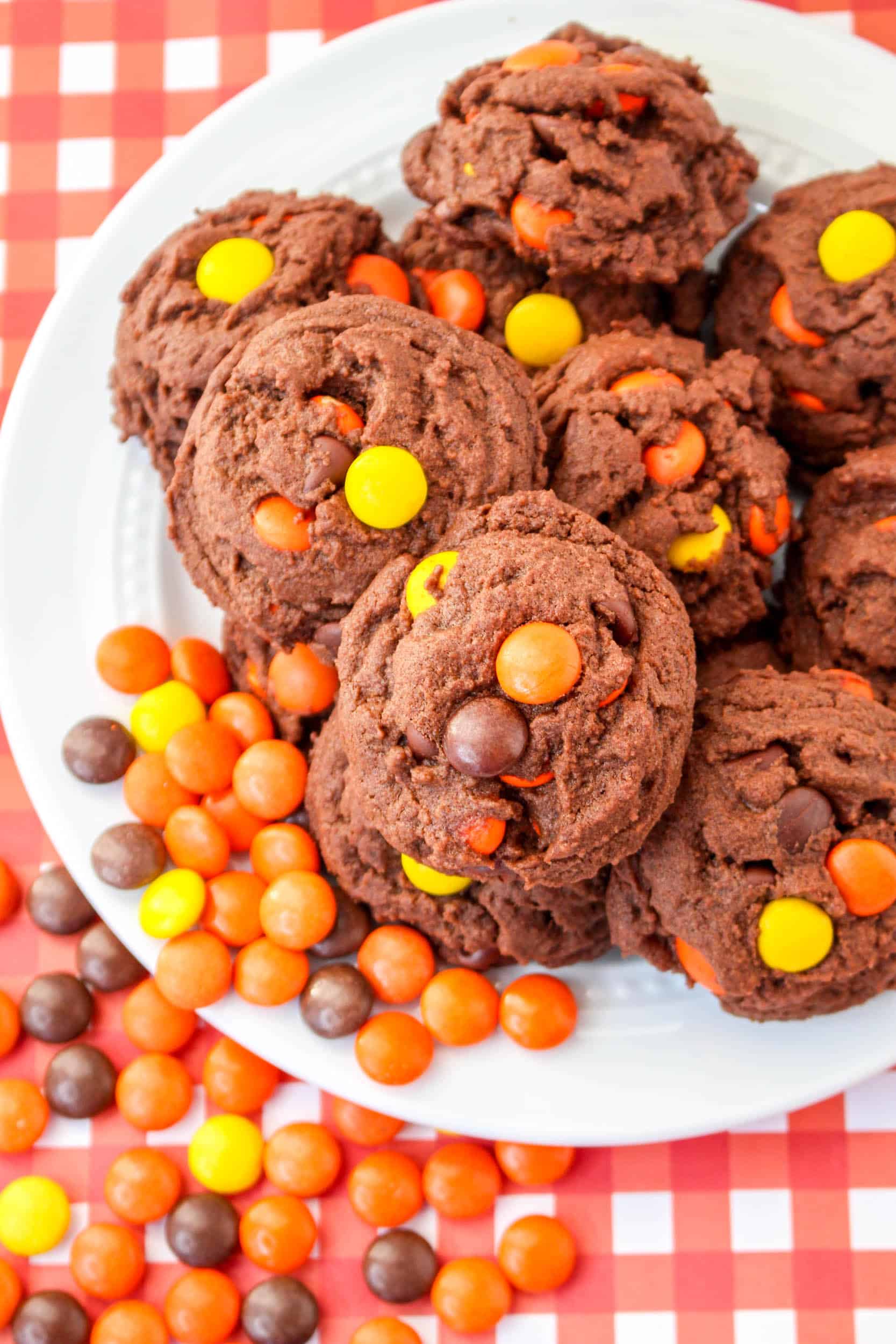 Overhead view of Reeses Pieces Chocolate Cookies.