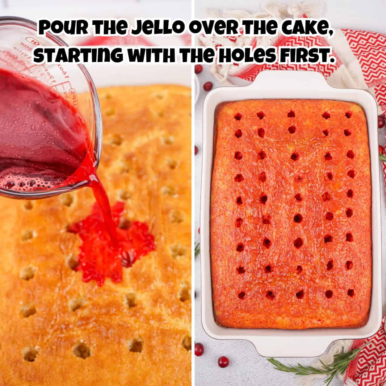 Pouring cranberry jello over the cake.