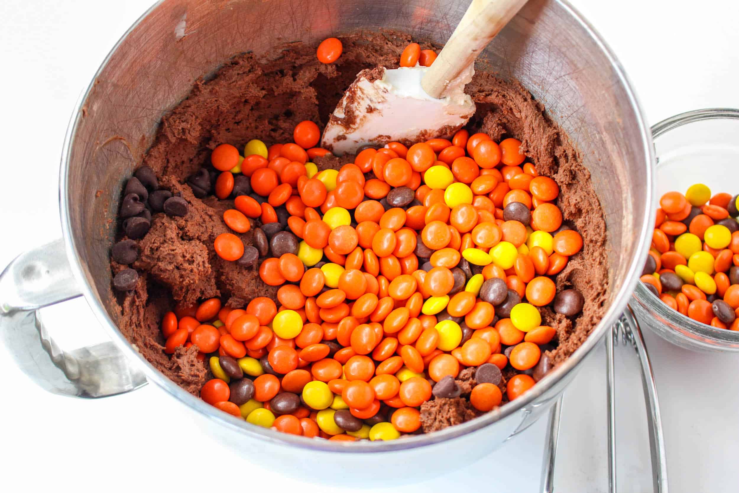 Batter with Reeses Pieces candies.