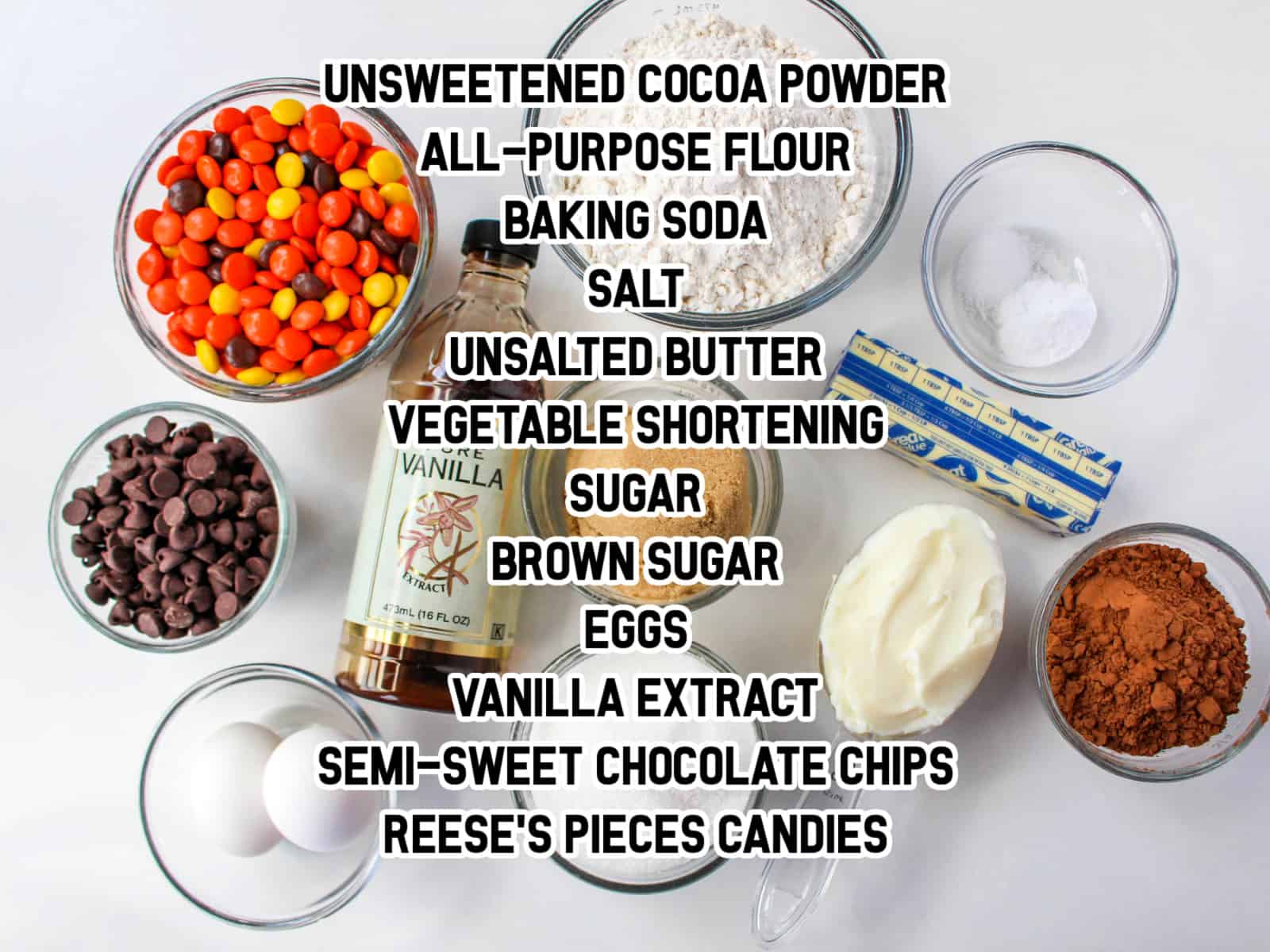 Overhead view of ingredients for Reeses Pieces Cookies.