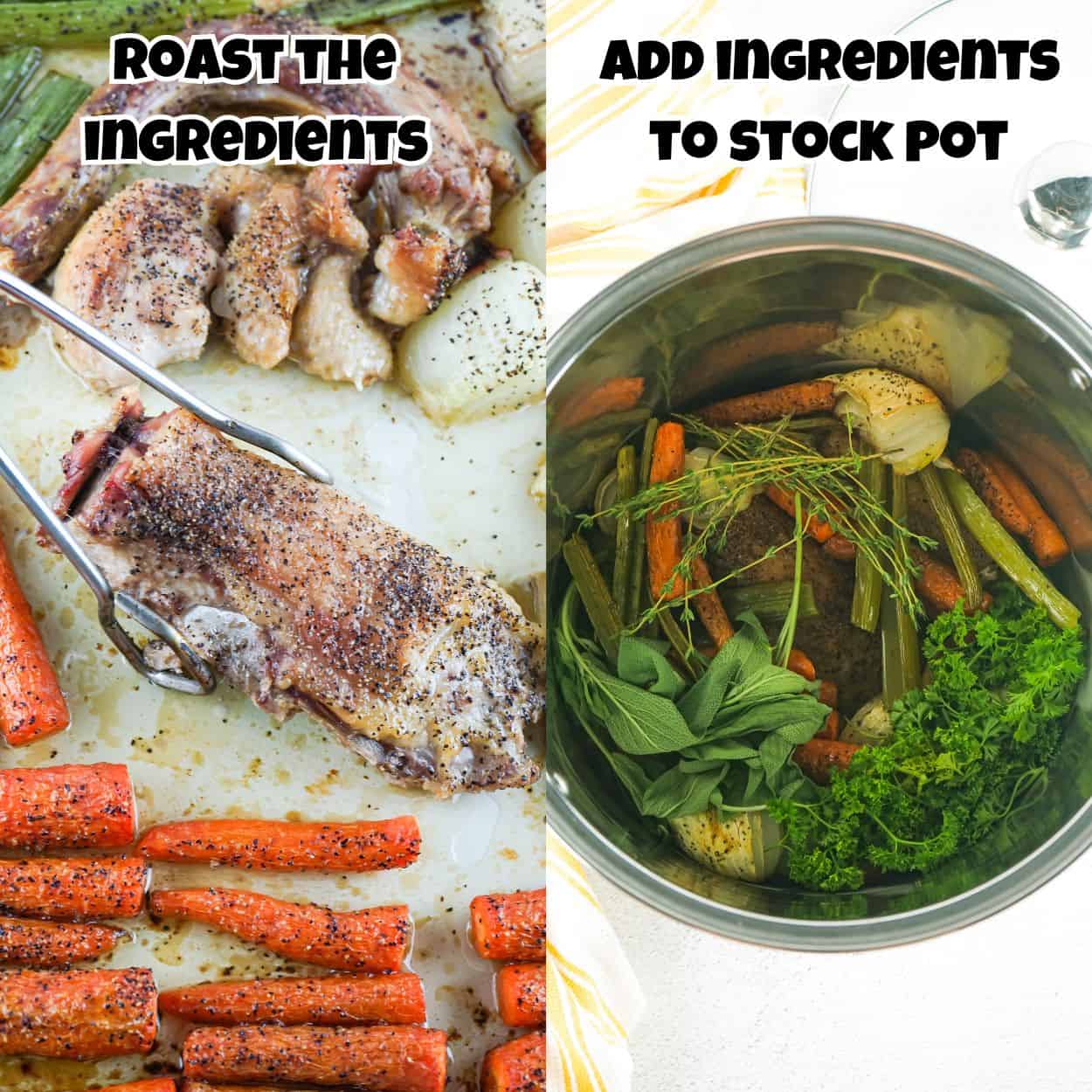 Overhead view of roasted ingredients and stock pot with vegetables in it.