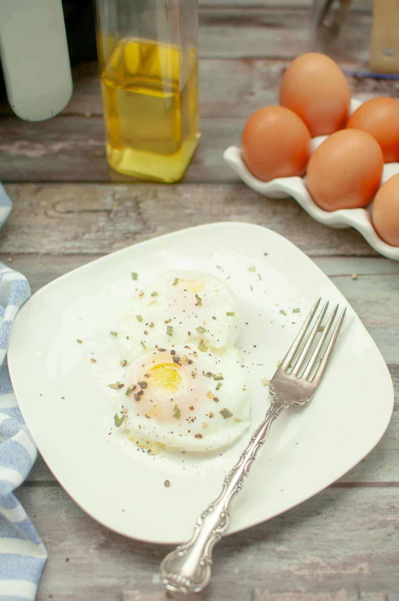 Poached egg on a white plate.