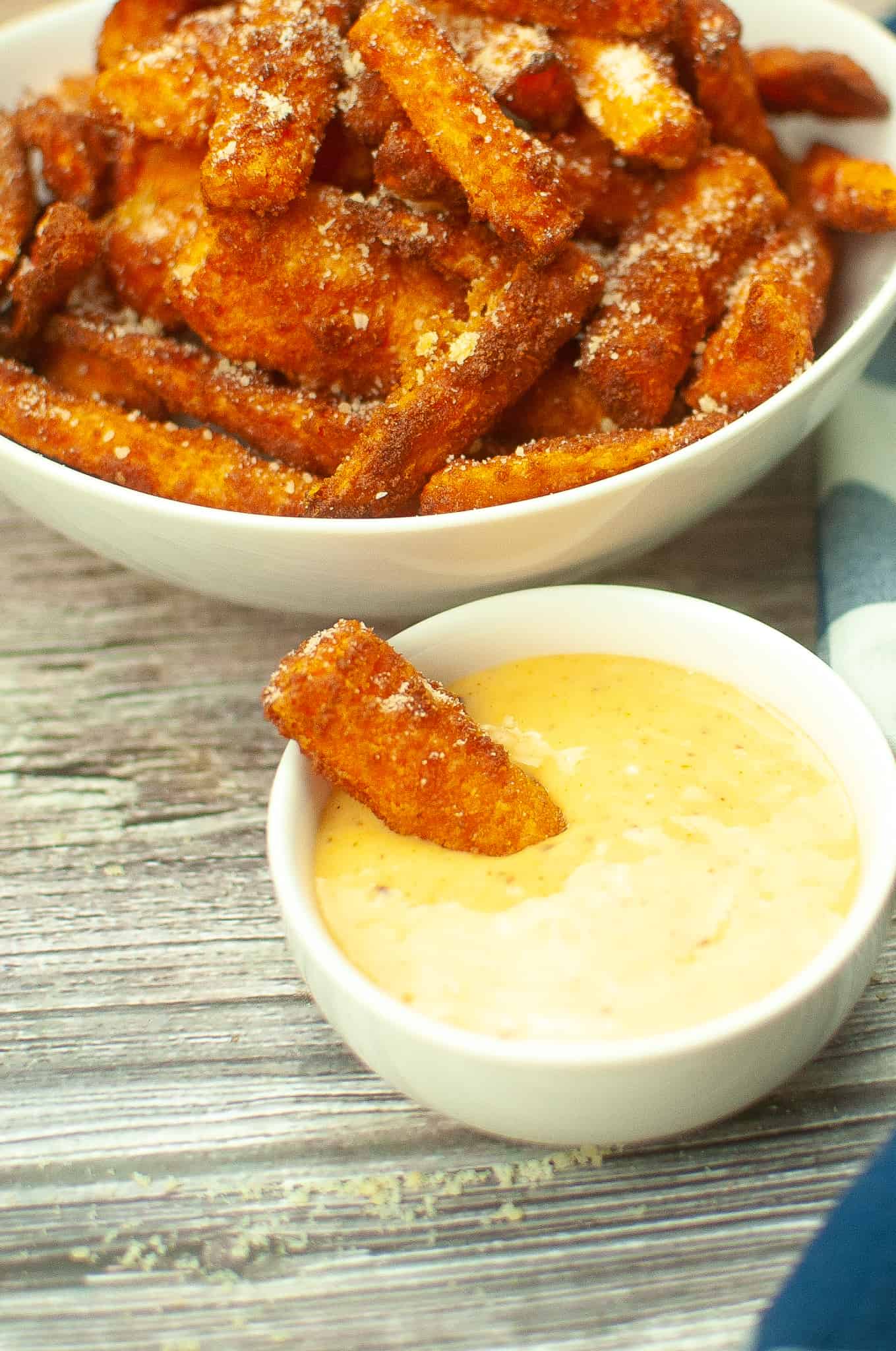 Air fryer parmesan carrots with spicy honey mayo sauce.