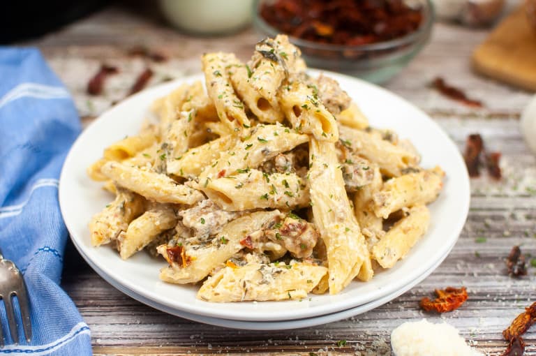 Pasta sausage with cream sauce.