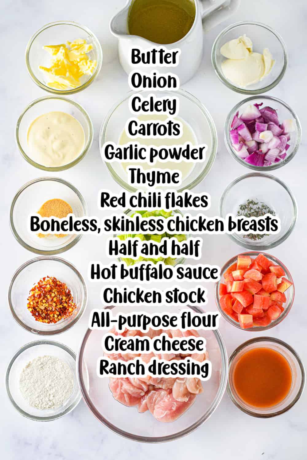 Overhead view of ingredients for Buffalo Chicken Soup.
