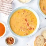 Overhead view of Buffalo Chicken Soup made in the Instant Pot.