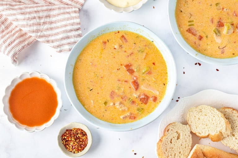 Overhead view of Buffalo Chicken Soup made in the Instant Pot.