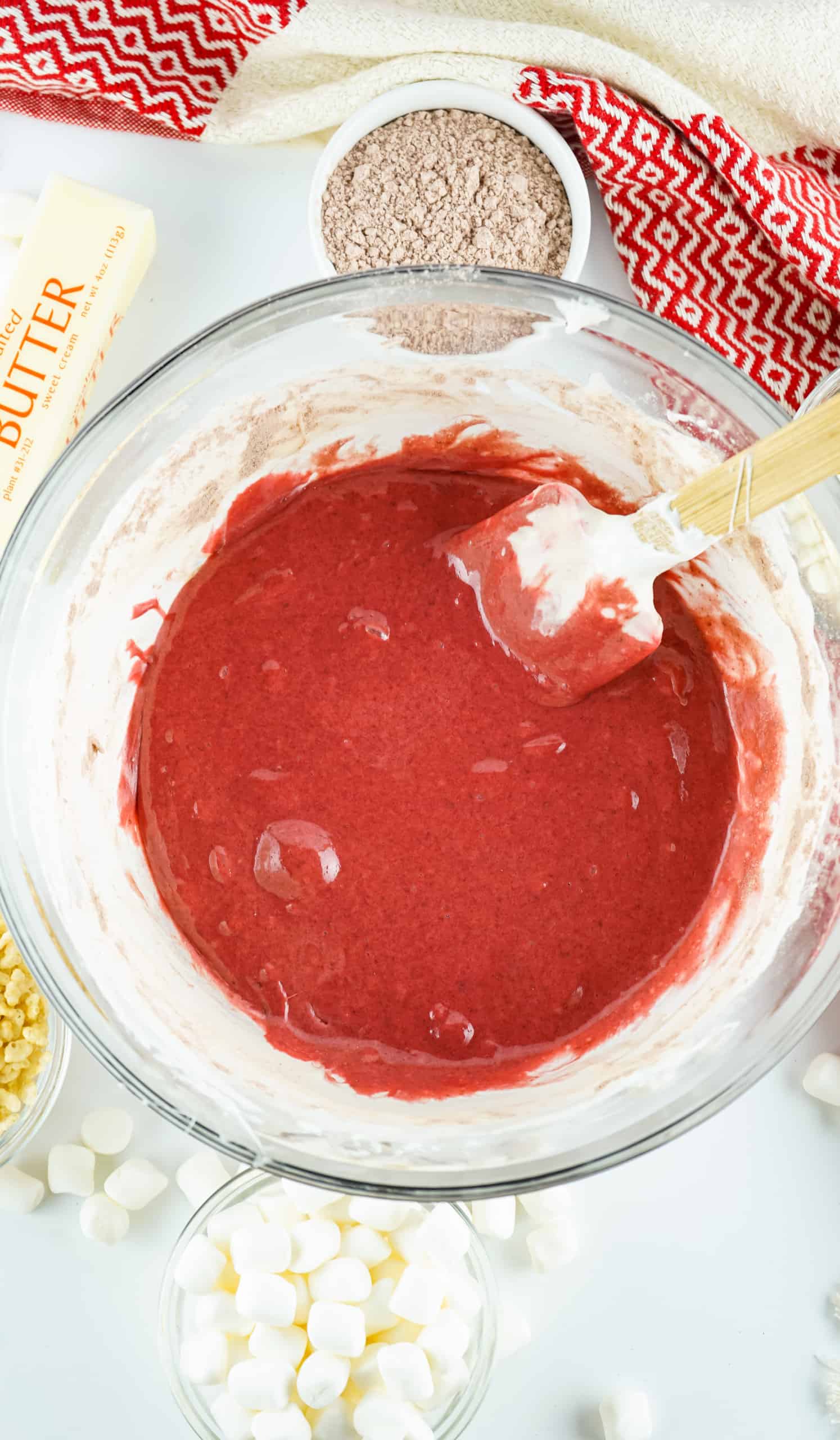 Overhead view of Red Velver Cake Mix in a bowl.