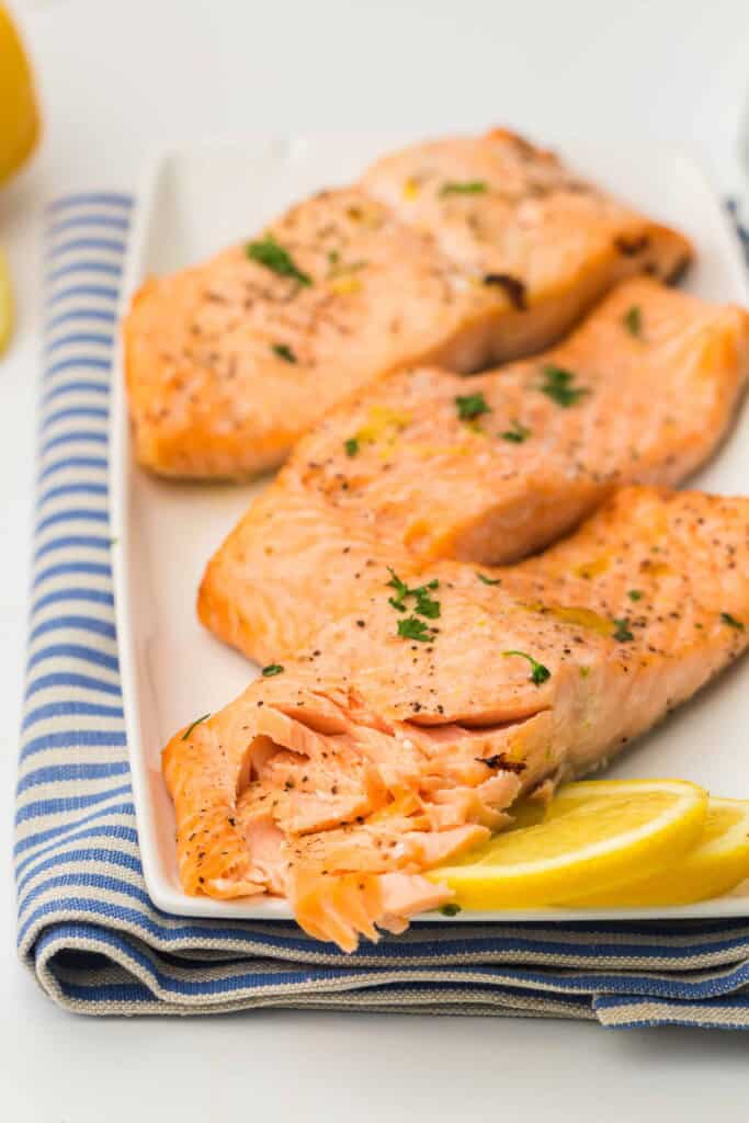 Overhead view of salmon fillets.